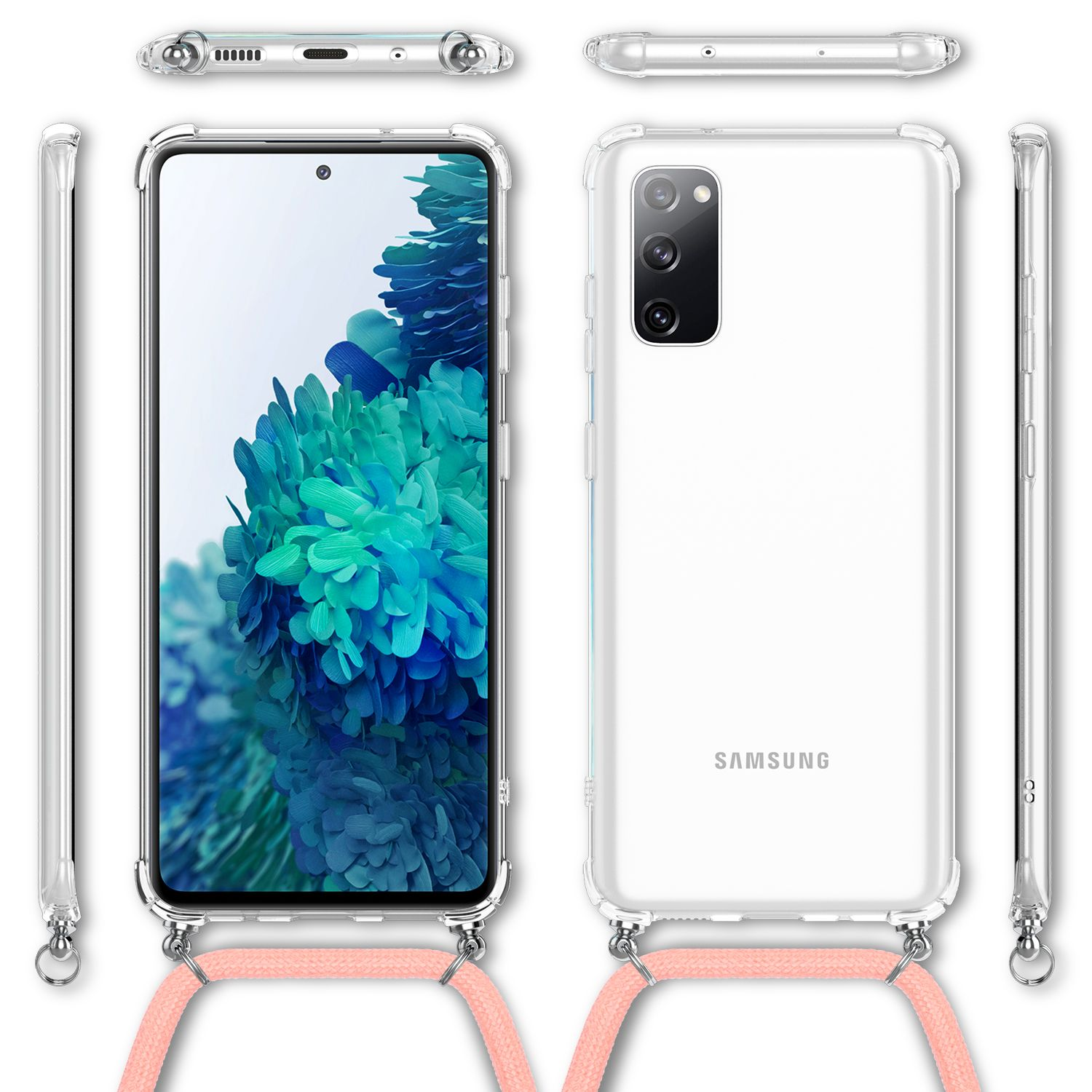 Transparente Hülle für ein Samsung-Handy mit rosa Band. Vorder-, Rück- und Seitenansicht auf Weiß.