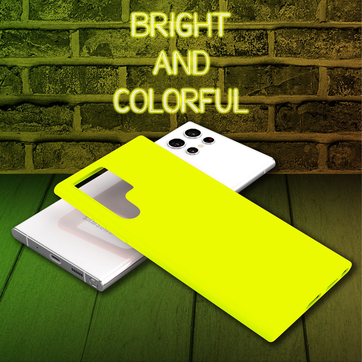Set di custodie per telefono luminose e colorate: anteriore, posteriore e laterale. Sfondo: muro di mattoni e tavolo verde.