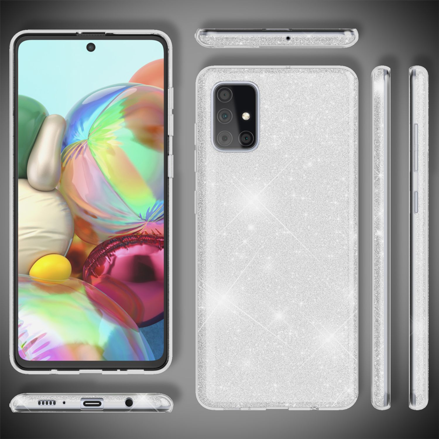 Handyhülle mit Glitzerdesign. Zeigt Vorder-, Rück- und Seitenansicht. Enthält Telefonbildschirm mit farbenfrohem Hintergrund.