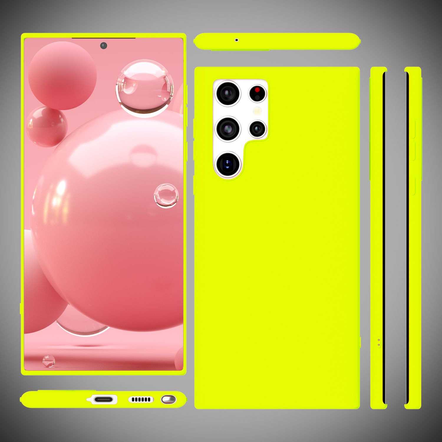 Set custodia per telefono giallo: anteriore, posteriore e laterale. Sfera rosa sullo schermo del telefono, sfondo grigio.