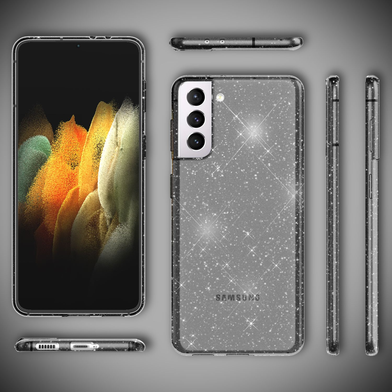 Ein Smartphone mit einer glitzernden Hülle, das verschiedene Ansichten des Telefons zeigt.