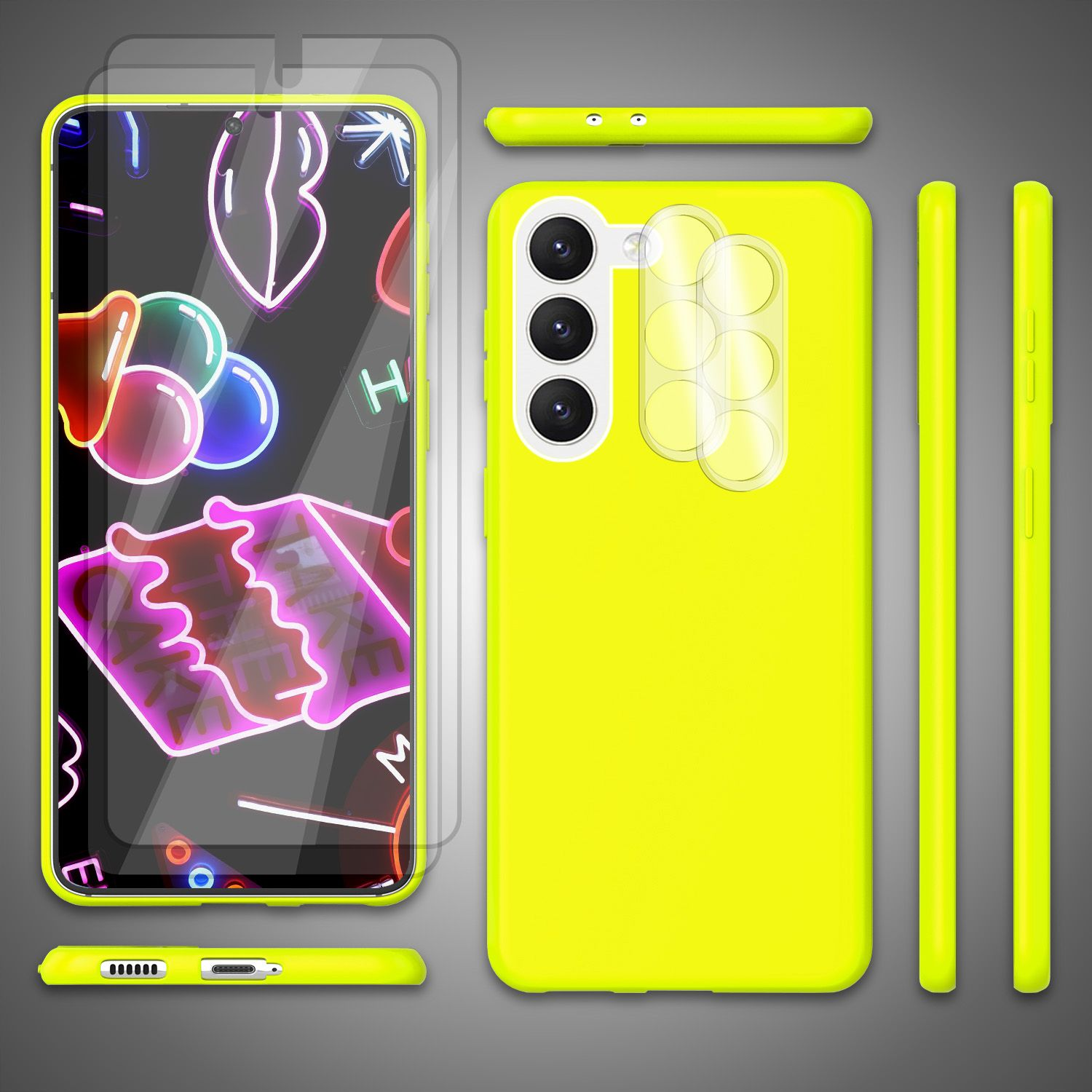 Neongrüne Handyhülle und Displayschutz. Telefonbildschirm zeigt Neonkunst. Verschiedene Winkel gezeigt.