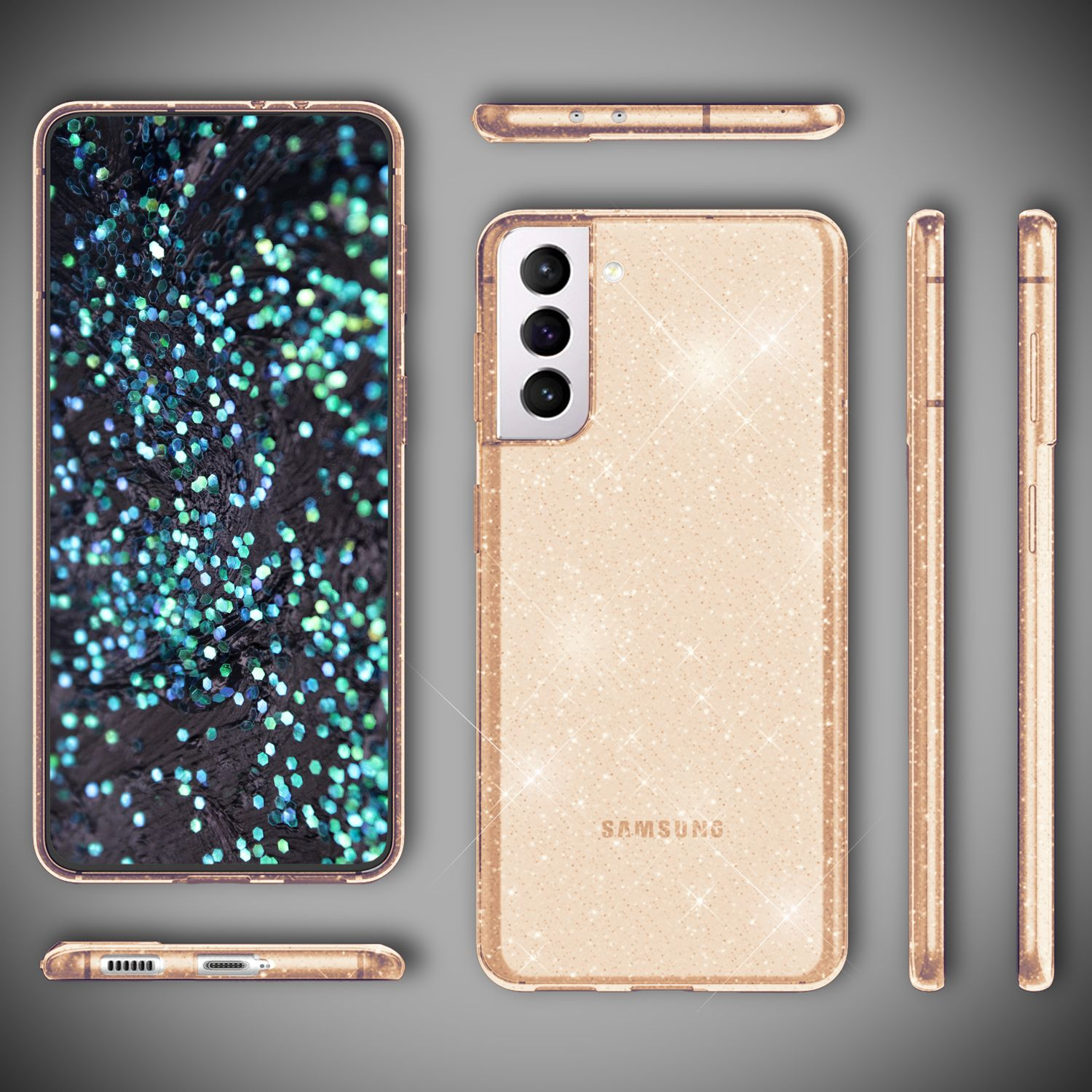 Goldene Glitzer-Handyhülle mit einem Telefon. Das Telefon wird von vorne, hinten und den Seiten gezeigt.