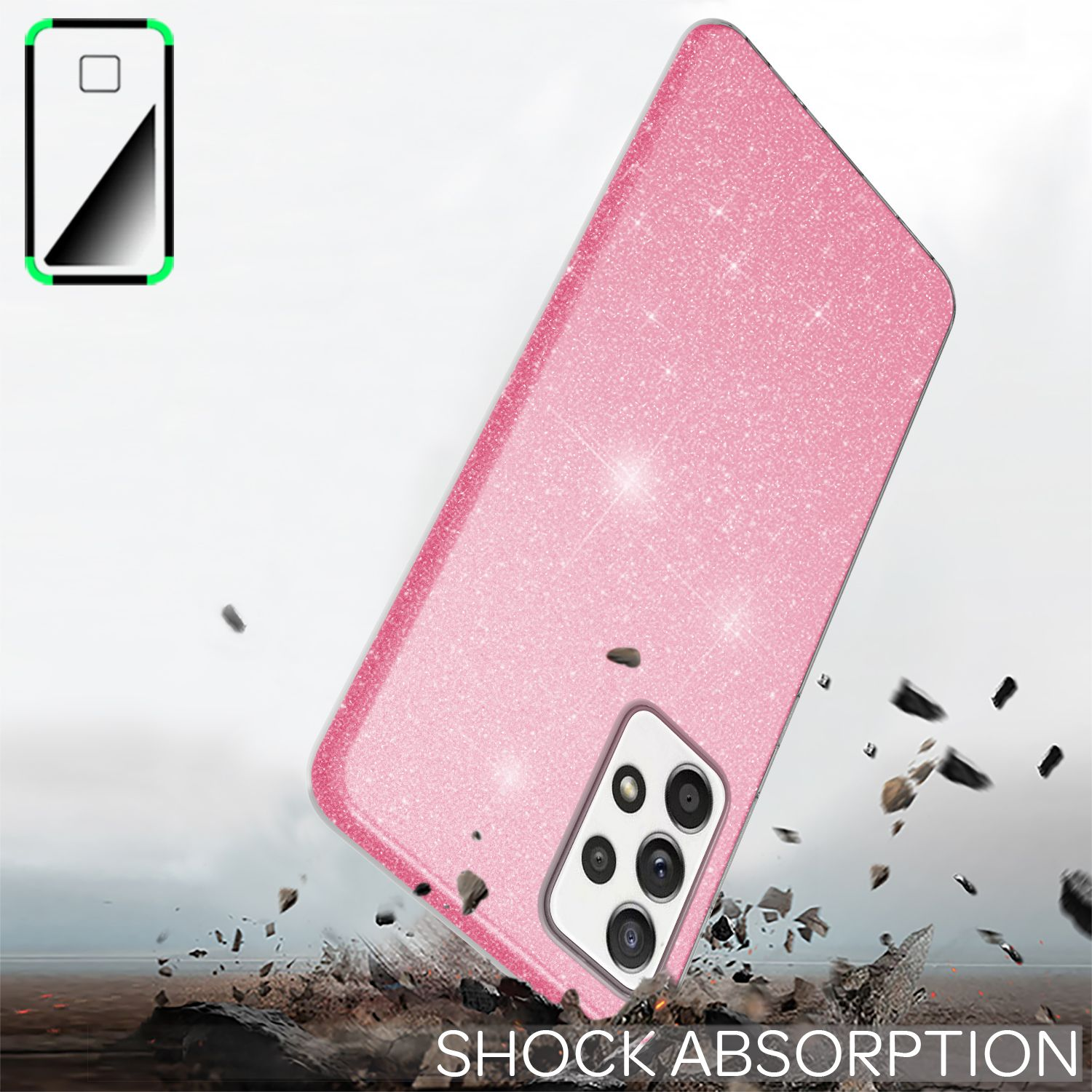Eine pinke Glitzer-Handyhülle, die fällt, mit Steinen und dem Text 'Stoßabsorption'. Ein Telefon mit mehreren Kameras.