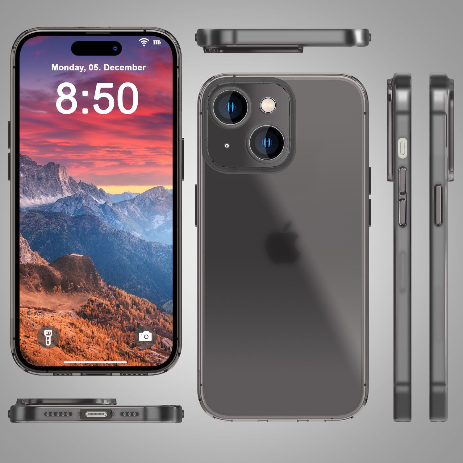 Coque noire. Écran affiche l'heure et paysage montagneux.
