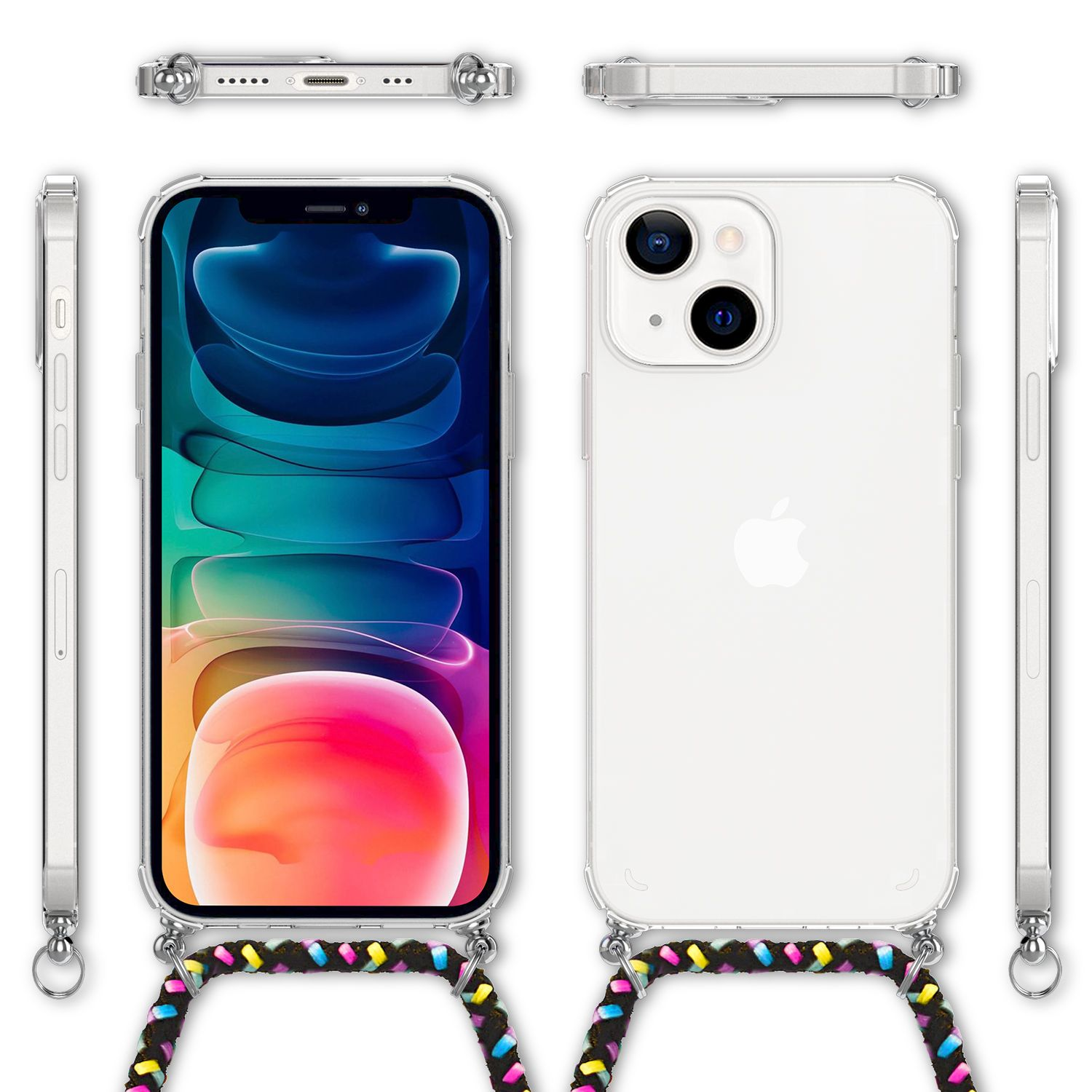 Una custodia per telefono con un cordino. Il telefono è dentro la custodia. La custodia è trasparente e ha un cordino colorato.