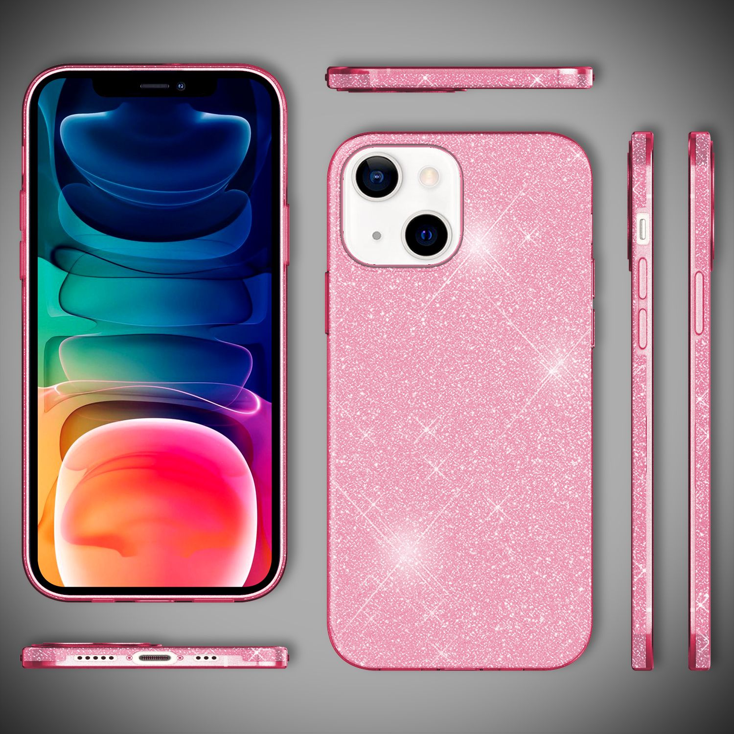 Custodia per telefono rosa glitterata con varie viste, che mostra schermo, pulsanti e dettagli della fotocamera.