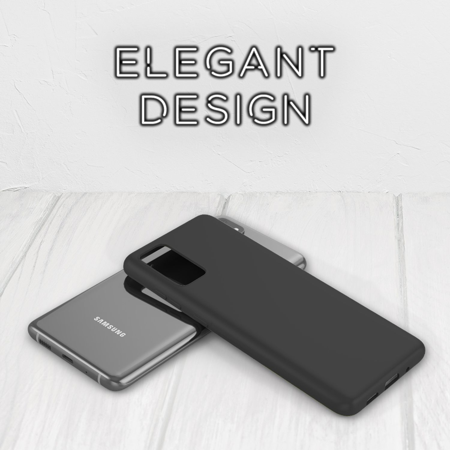 Schwarze Handyhüllen auf einer weißen Oberfläche. Der Text lautet 'Elegantes Design'. Schwarze Handyhülle auf einem silbernen Telefon.