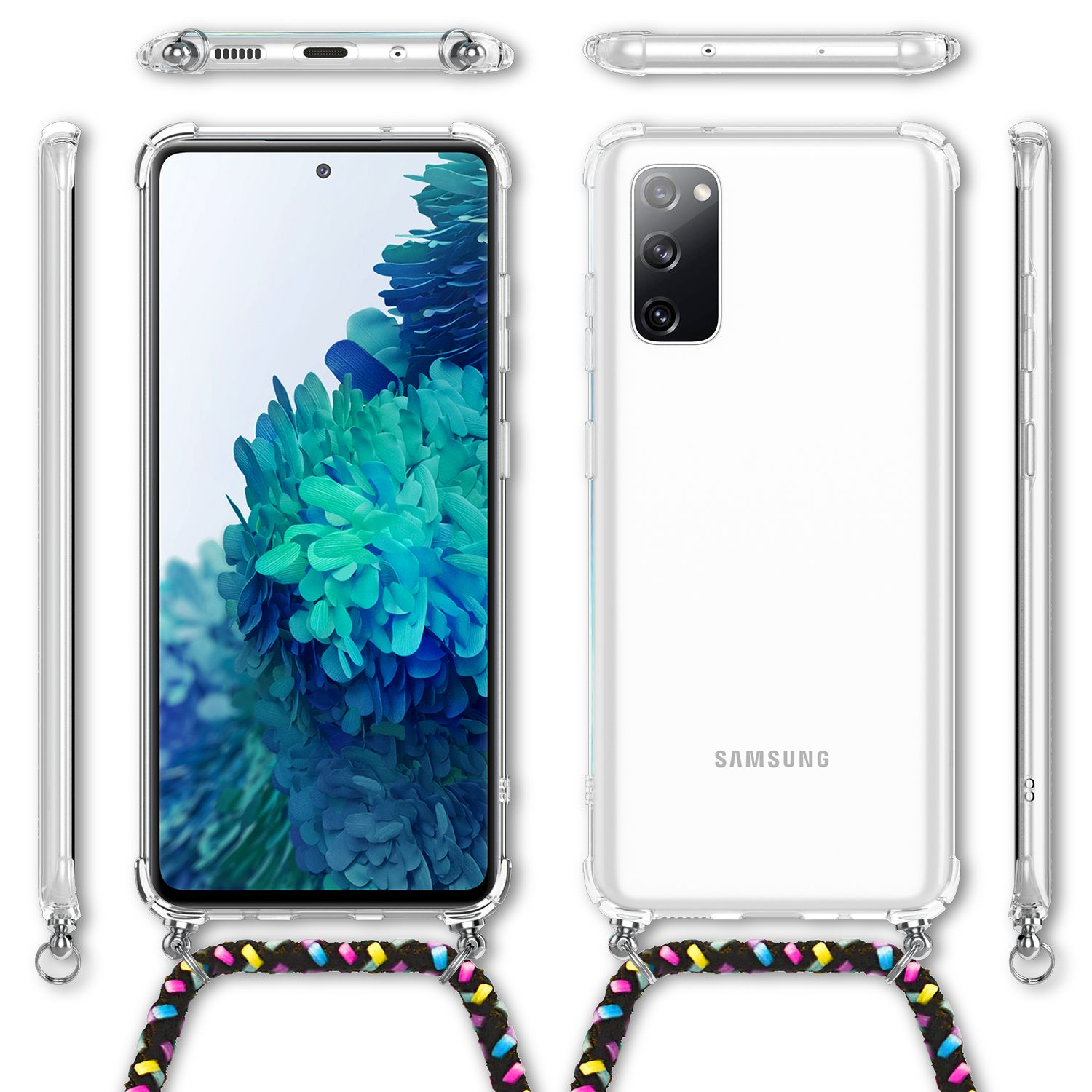 Eine Handyhülle mit einem Schlüsselband. Das Telefon befindet sich in der Hülle. Die Hülle ist transparent und hat ein farbiges Schlüsselband.
