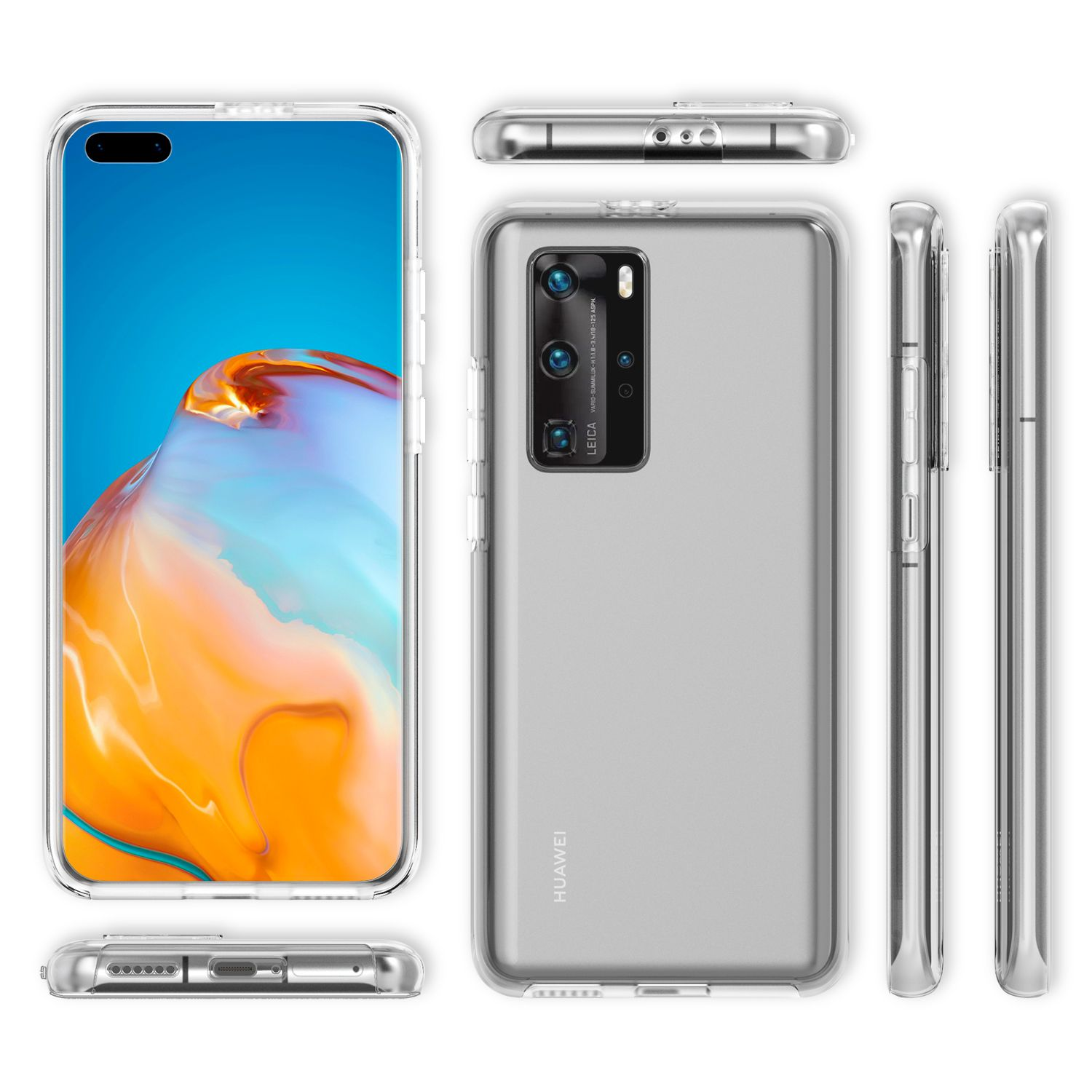 Telefon in einer Hülle, mit mehreren Ansichten und einer transparenten Hülle.