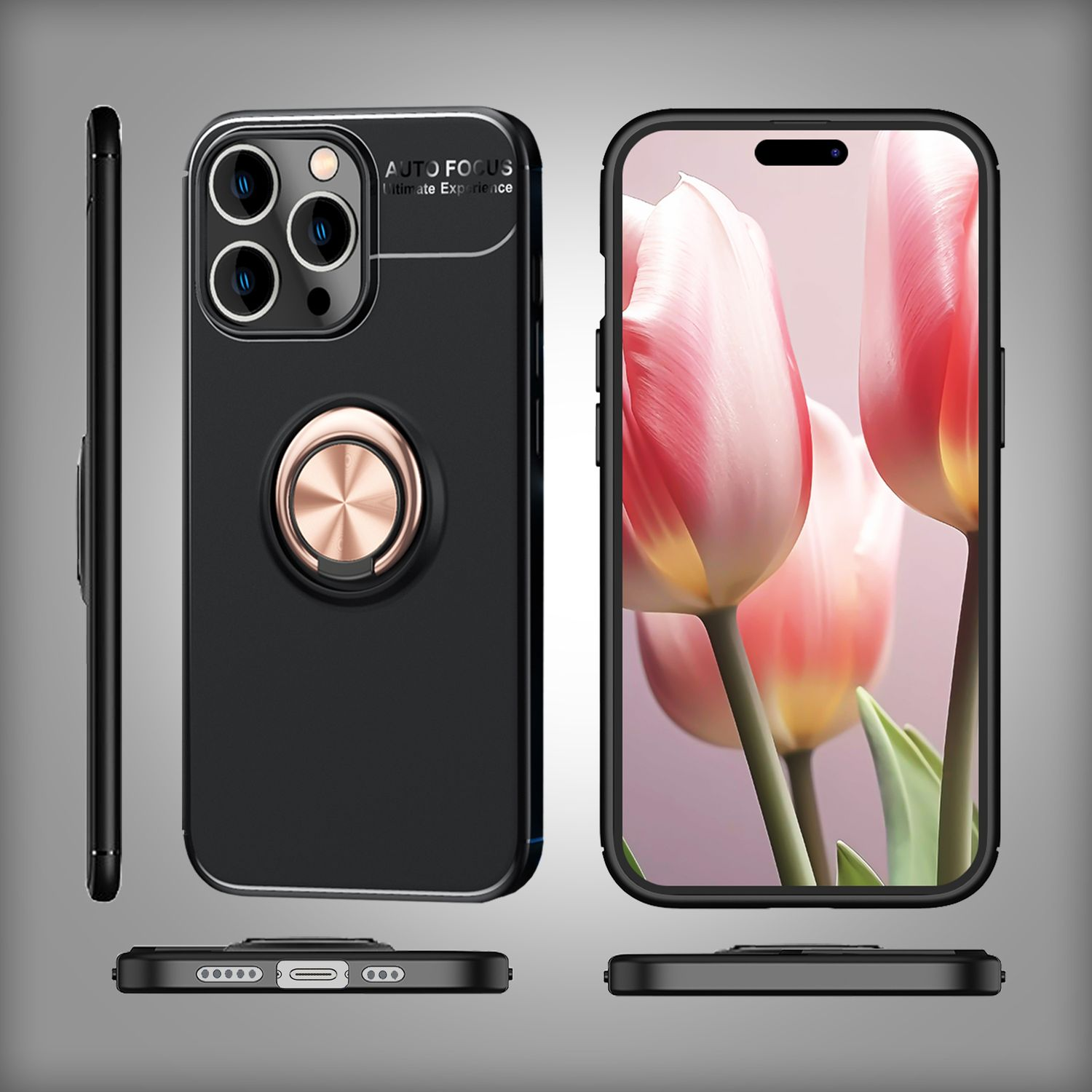 Funda de teléfono negra con un anillo, con múltiples vistas. La pantalla muestra flores.