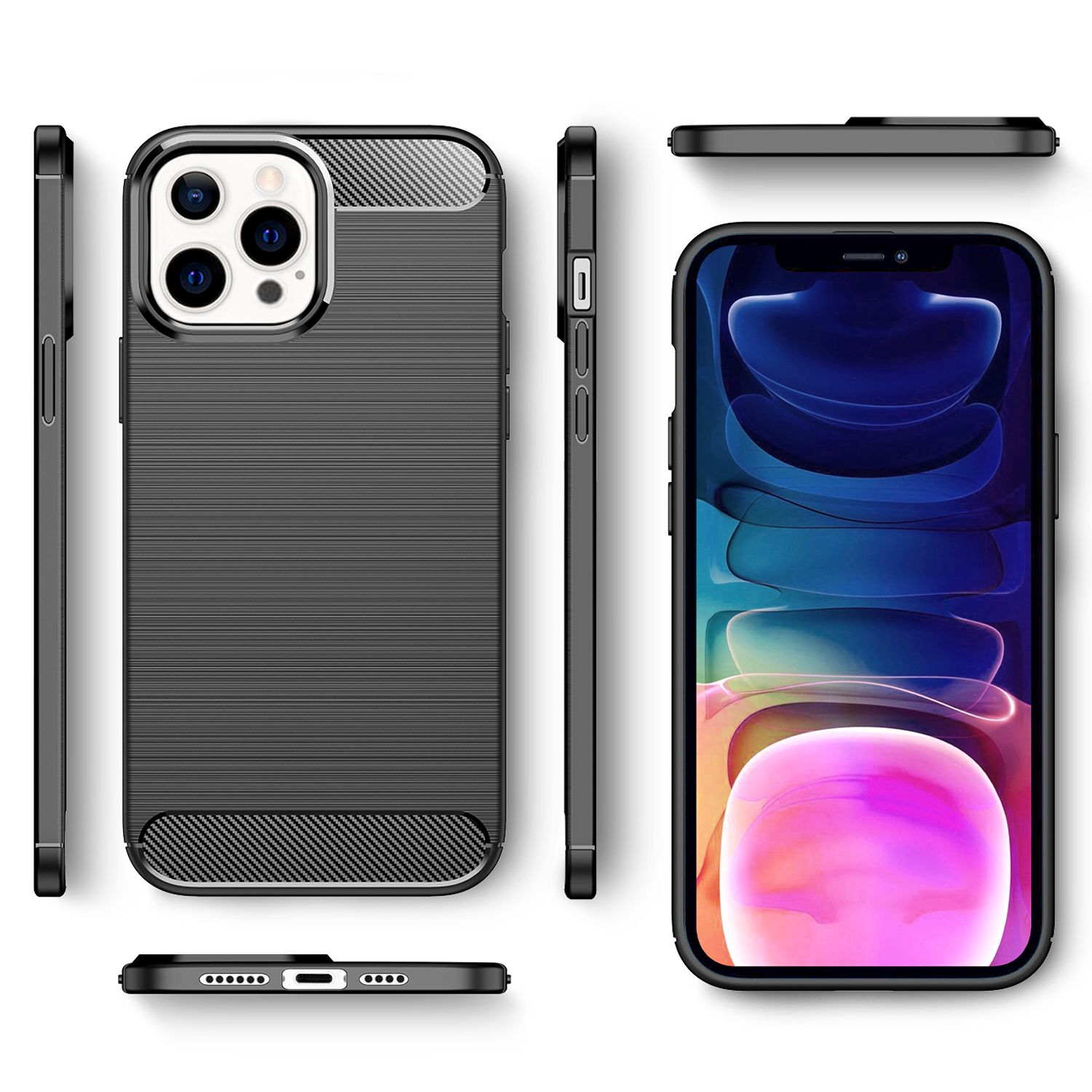 Funda negra con parte trasera texturizada, diferentes ángulos y pantalla.