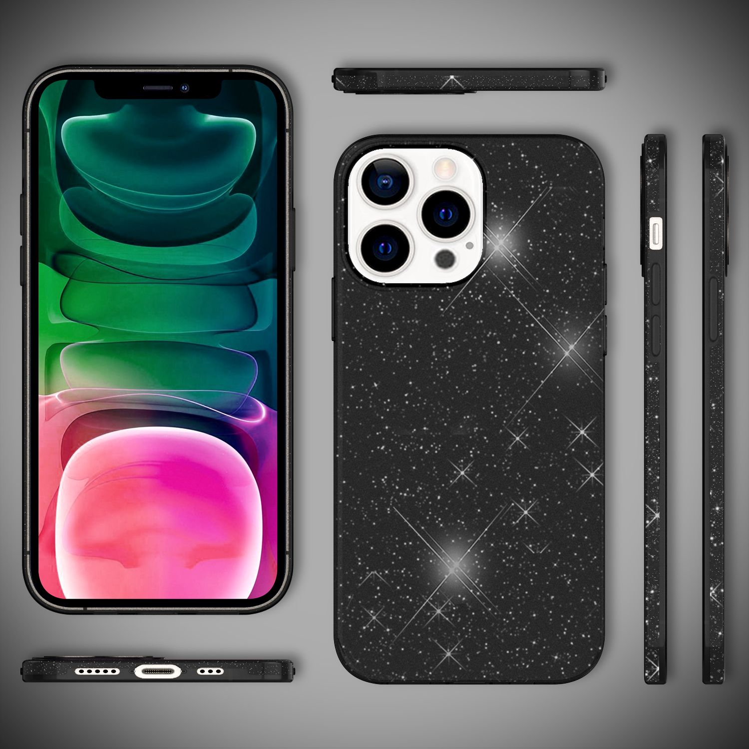 Schwarze Handyhülle mit Glitzerdesign, mehrere Ansichten. Telefon und Hülle liegen auf grauer Oberfläche.