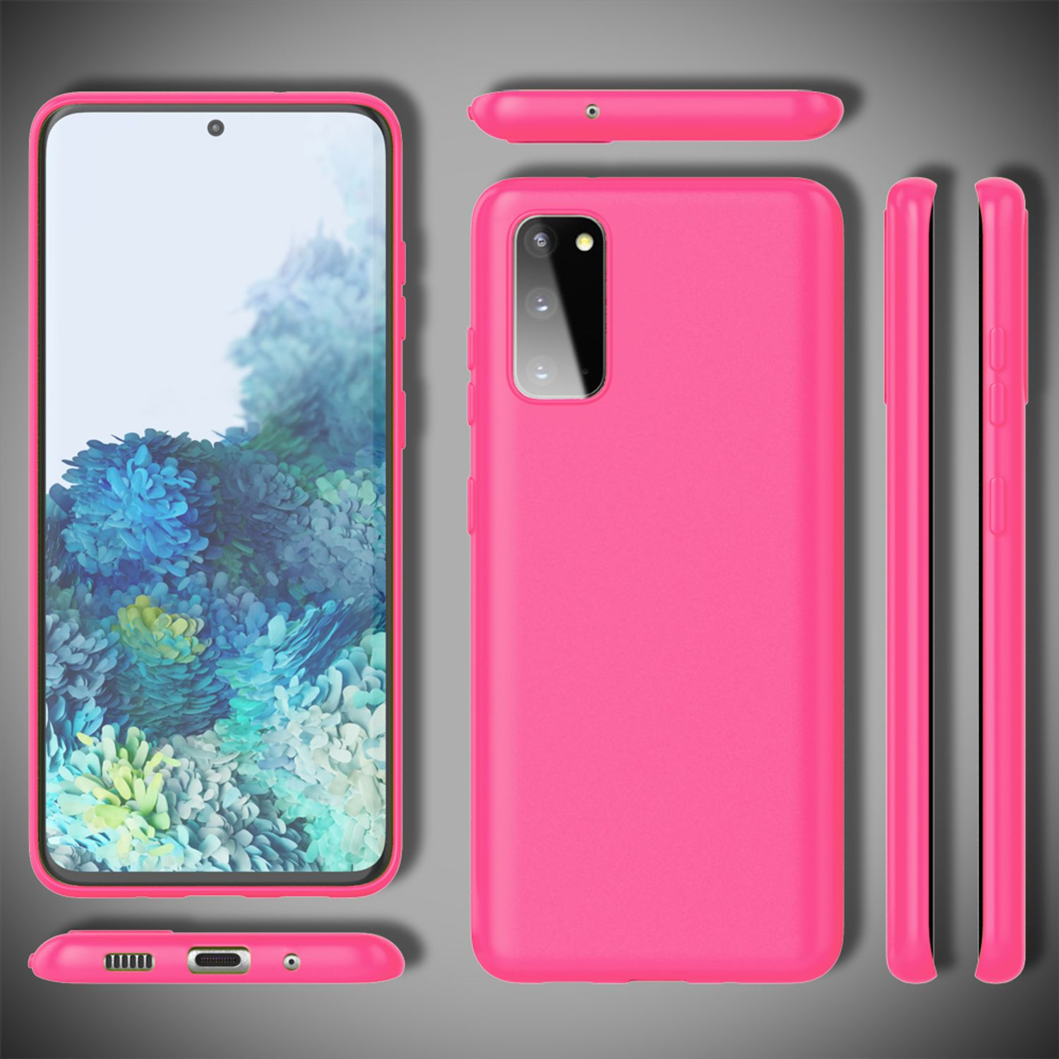 Pinke Handyhülle. Ansichten: vorne, oben, seitlich. Hellrosa Hülle, Telefonbildschirm. Schwarzer Hintergrund.