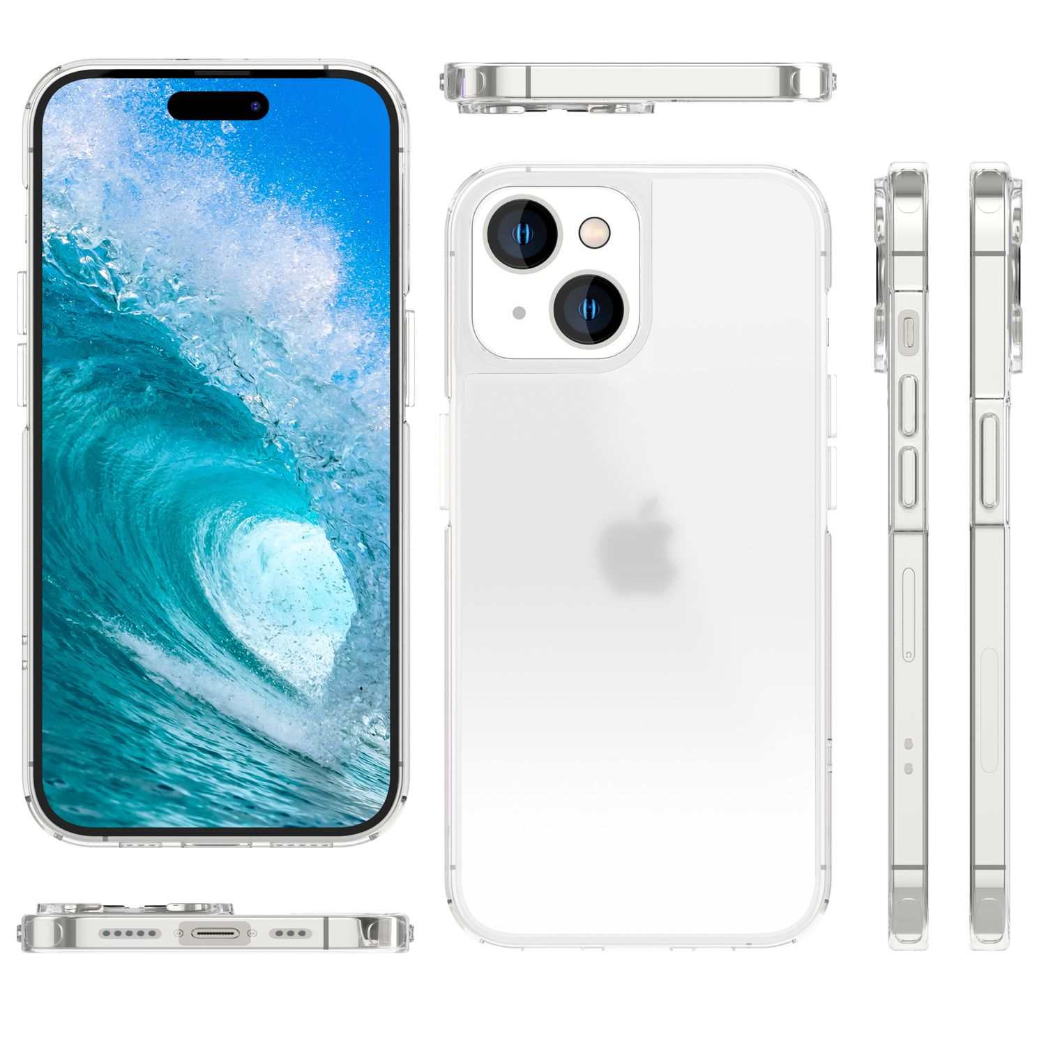 Transparente Handyhülle mit einem Telefon, das ein Wellenbild anzeigt.