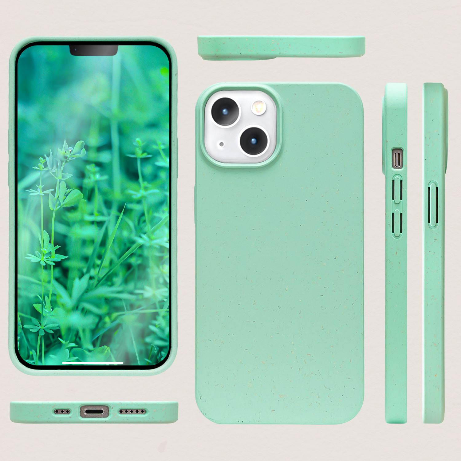 Mintgrüne Handyhülle mit Telefon, mehrere Ansichten.