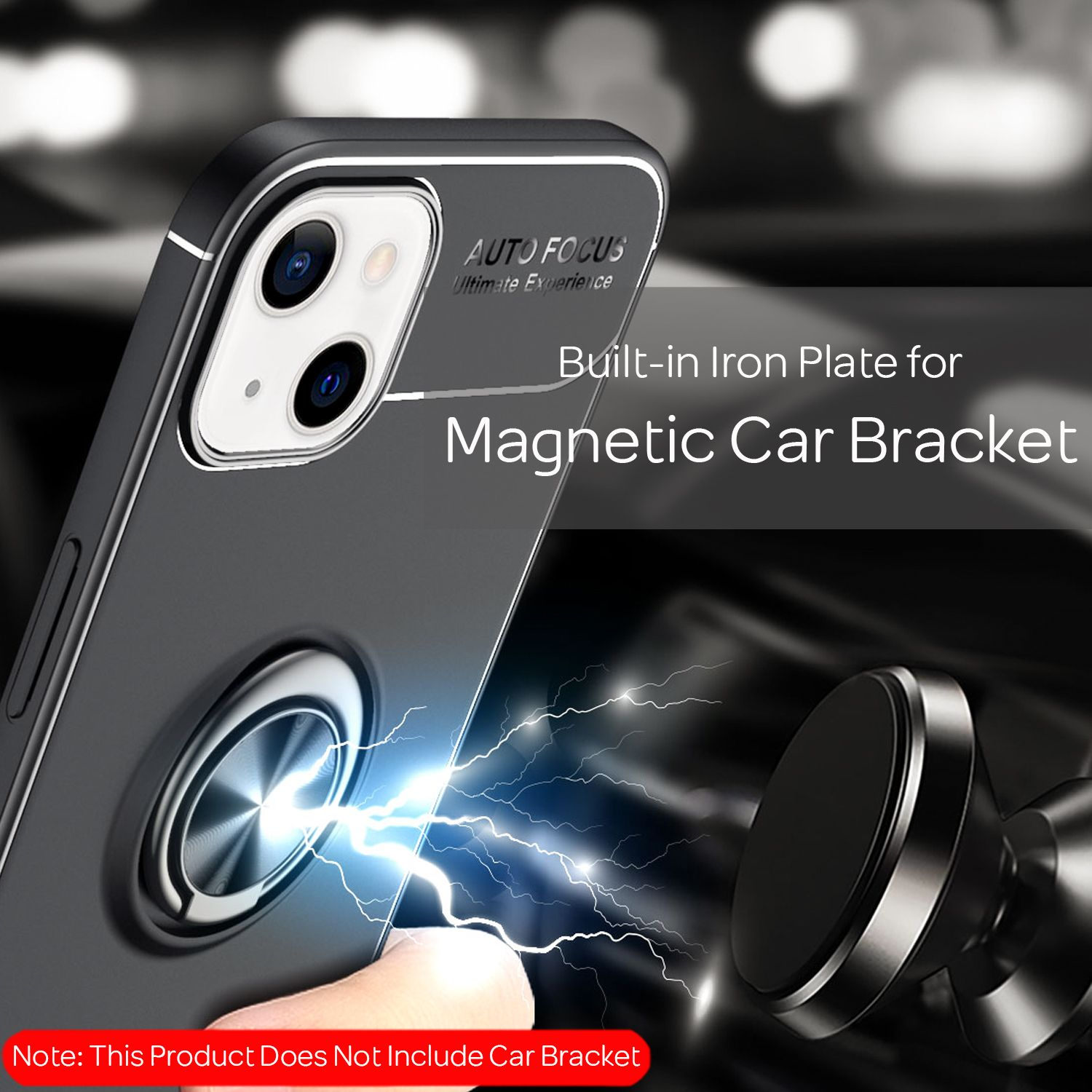 Funda negra con anillo magnético y soporte magnético para coche.
