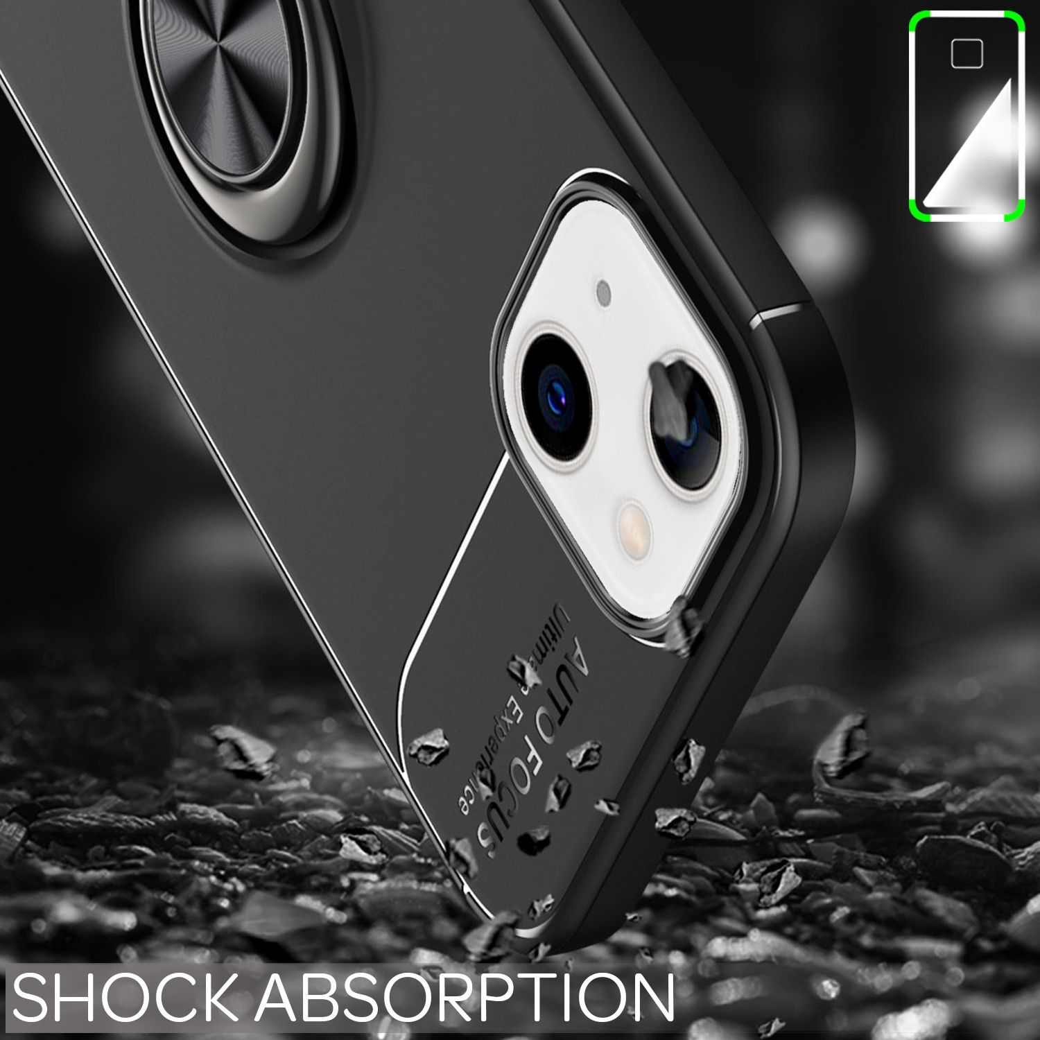 Una funda negra para teléfono con soporte de anillo. Texto: 'Absorción de impactos'. El teléfono está en suelo rocoso.