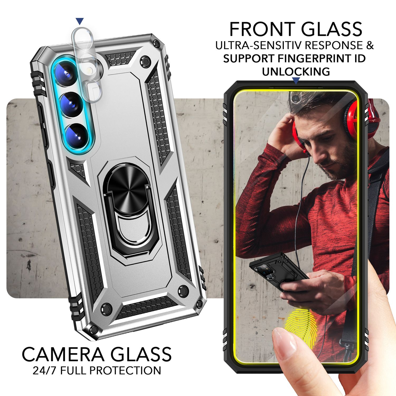 Eine Handyhülle mit Ringhalter, mit einem Mann, der rechts ein Telefon hält. Text: 'Camera Glass'.