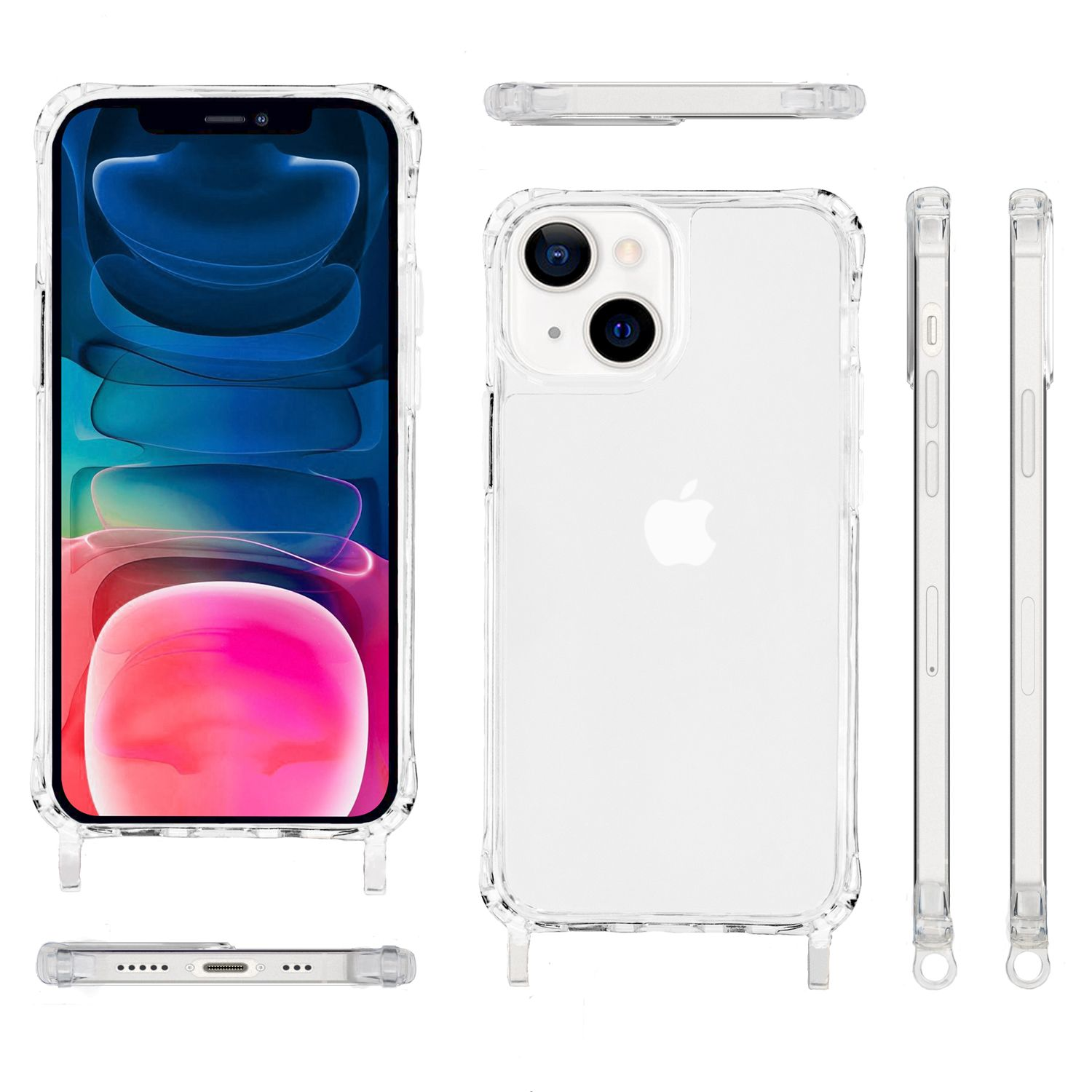 Mehrere Ansichten einer durchsichtigen Handyhülle, die die Vorderseite mit dem Telefonbildschirm, die Rückseite, die Seiten und die Unterseite mit dem Telefon im Inneren zeigen.