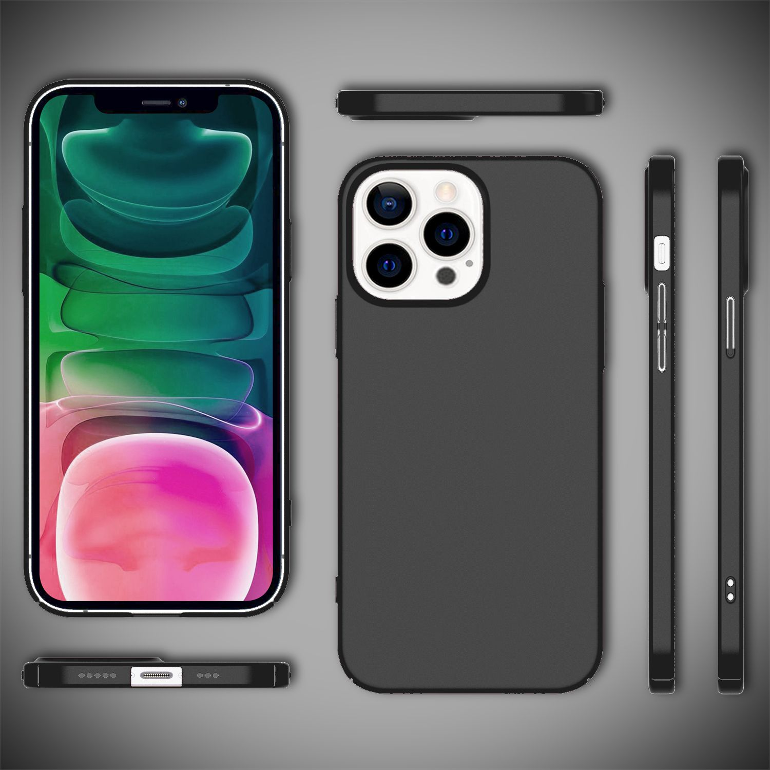 Funda de teléfono negra. La funda se muestra desde múltiples ángulos, incluido un primer plano de la parte posterior.