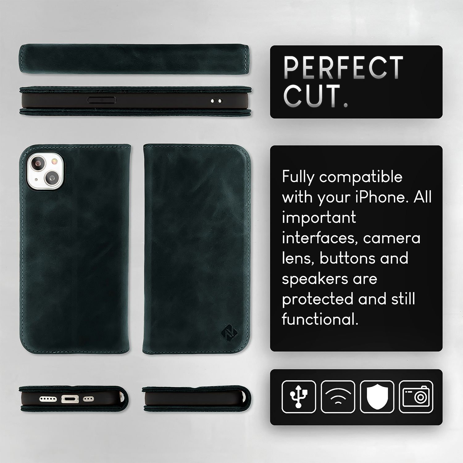 Eine Leder-Handyhülle mit Telefon darin, mit Text "PERFECT CUT".