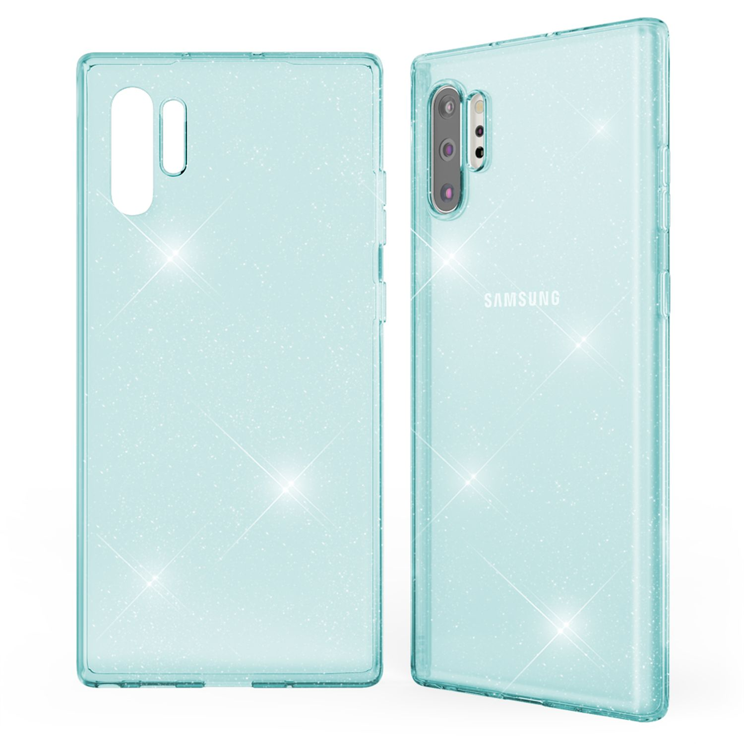 Hellblaue Glitzer-Handyhülle mit mehreren Ansichten. Das Telefon ist innen, und die Hülle glitzert.