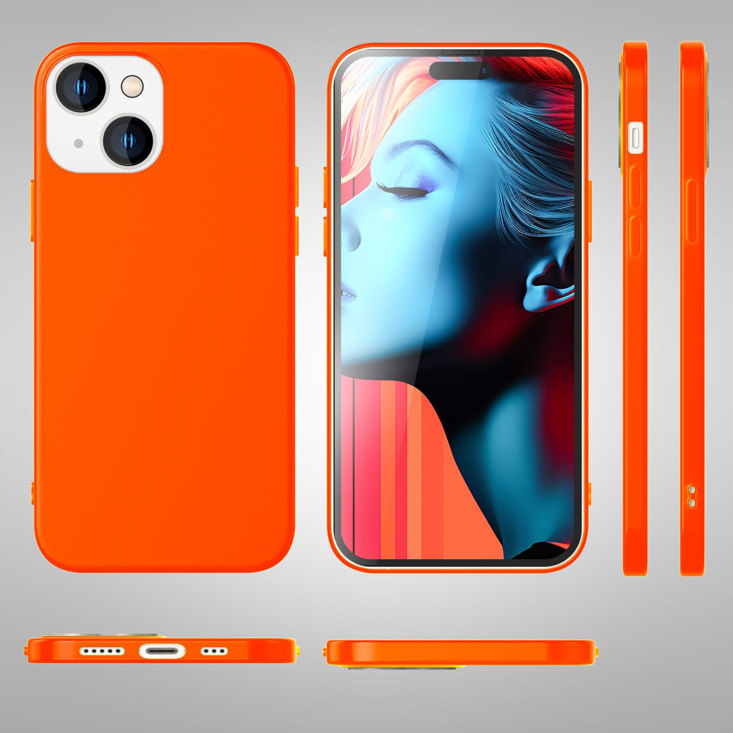 Orange Handyhülle. Die Hülle wird aus mehreren Blickwinkeln gezeigt, einschließlich einer Ansicht der Vorderseite des Telefons.