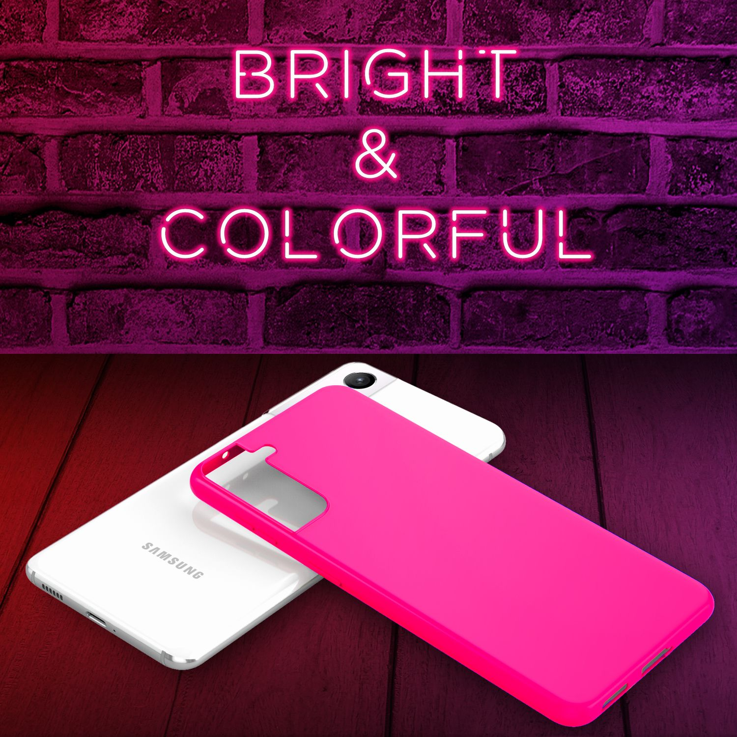 Ein Telefon und eine Hülle. Das Telefon ist weiß, die Hülle ist rosa, und ein Neon-Schild sagt 'Bright & Colorful'.