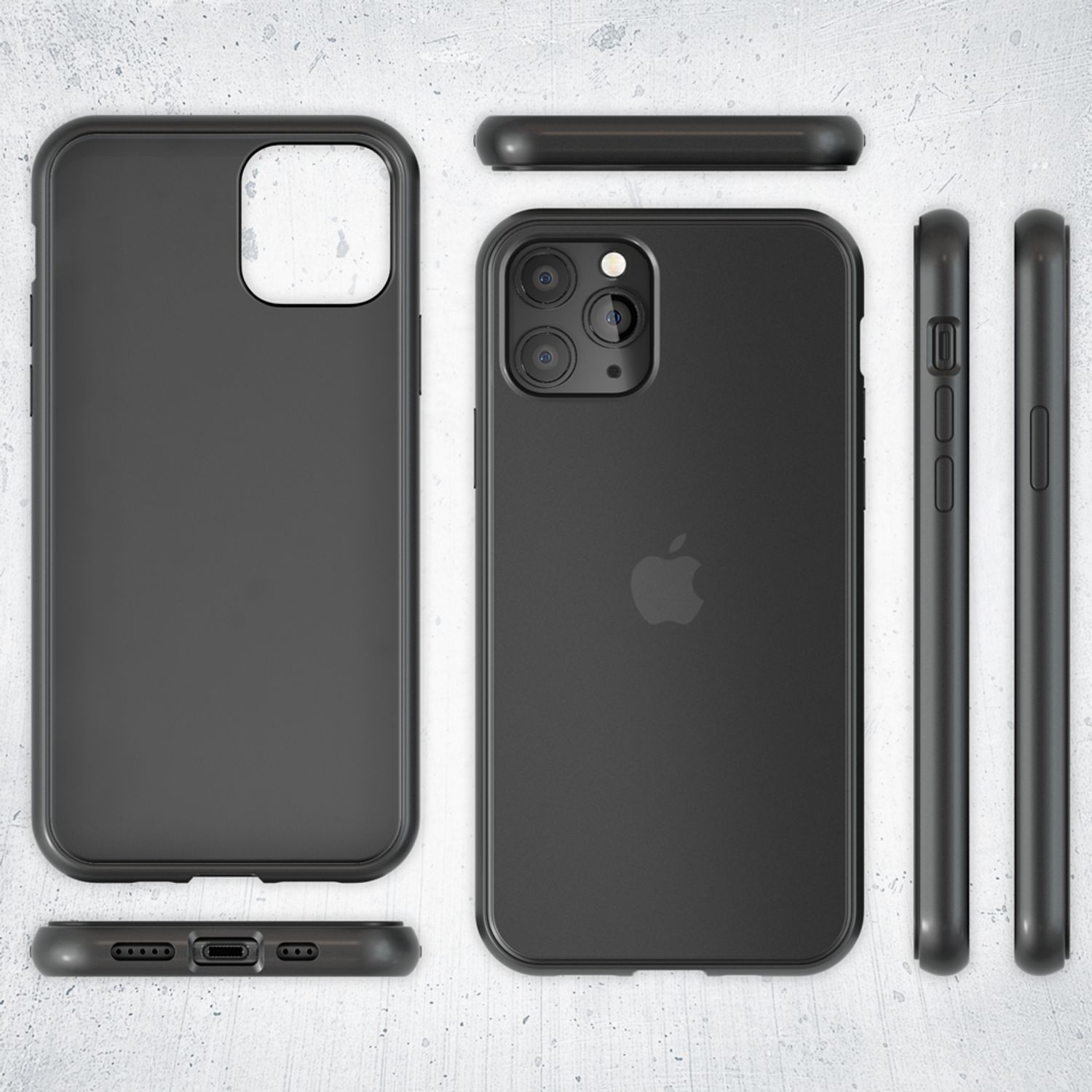 Funda de teléfono negra. La funda se muestra desde múltiples ángulos, incluido un primer plano de la parte posterior.