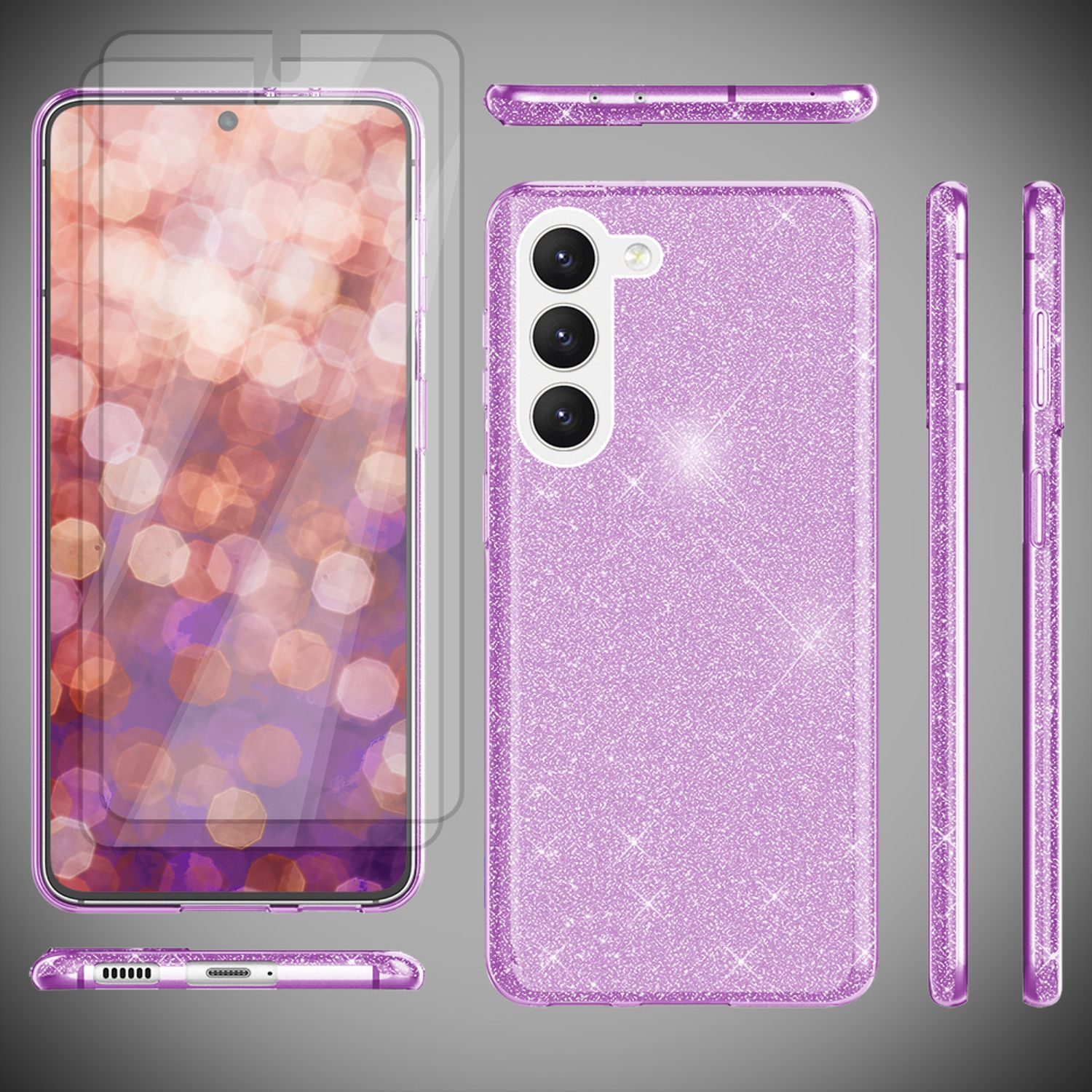 Lila Glitzer-Handyhülle mit mehreren Ansichten. Ein Telefon ist innen, und die Hülle ist glitzernd.