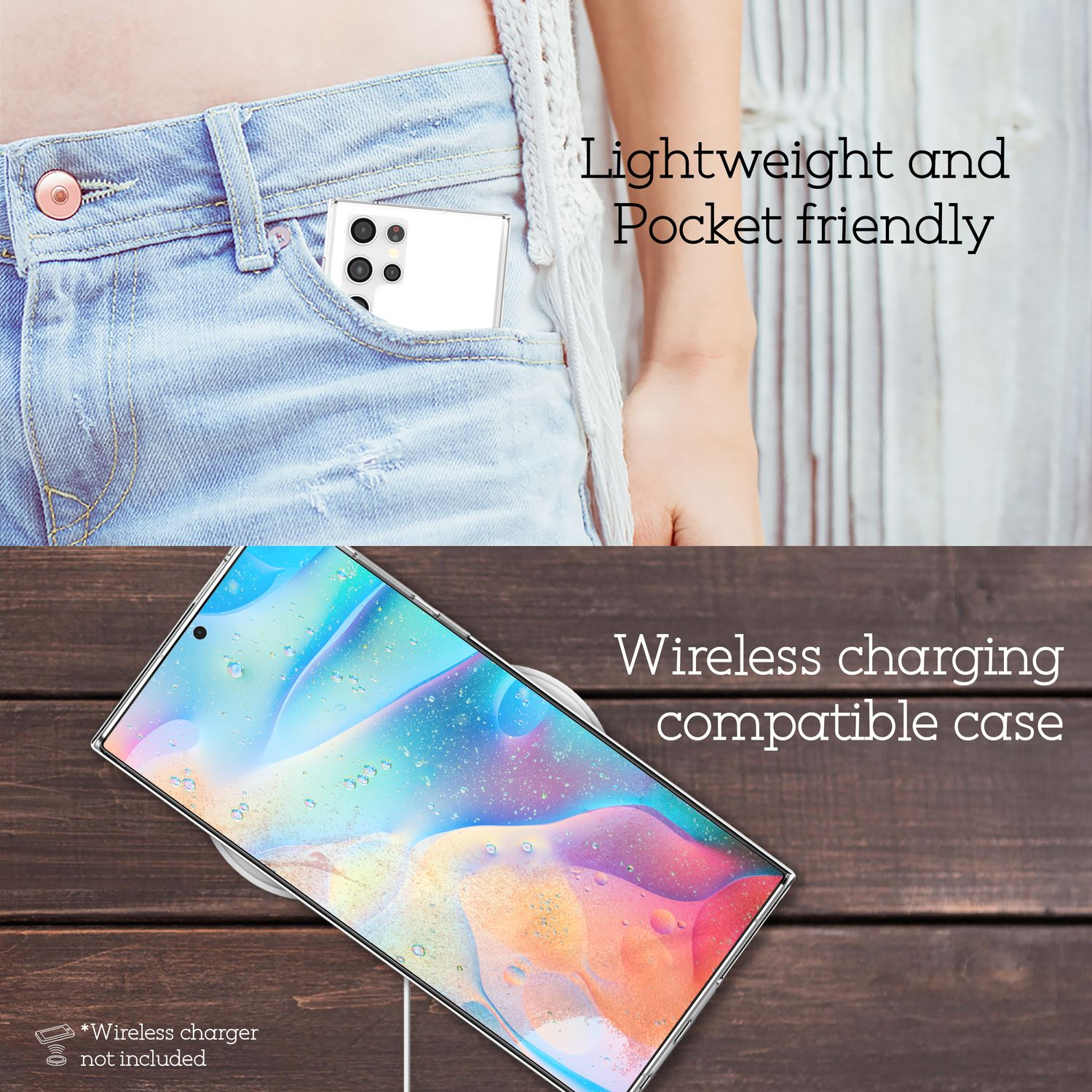 Ein Telefon in einer Tasche auf einer Holzoberfläche, mit einem kabellosen Ladegerät.