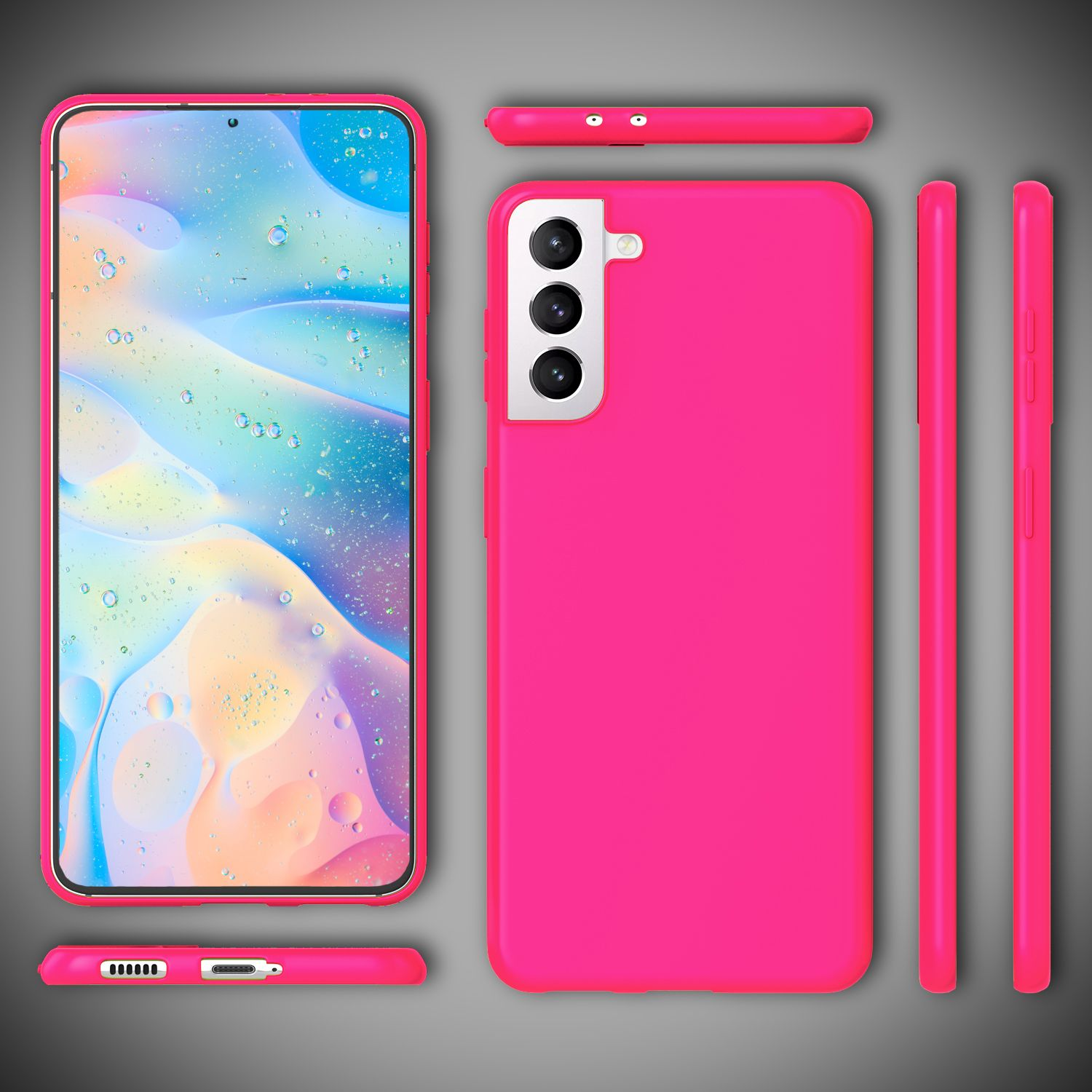 Pinke Handyhülle. Die Handyhülle wird aus mehreren Blickwinkeln gezeigt. Das Telefon hat einen bunten Hintergrund.