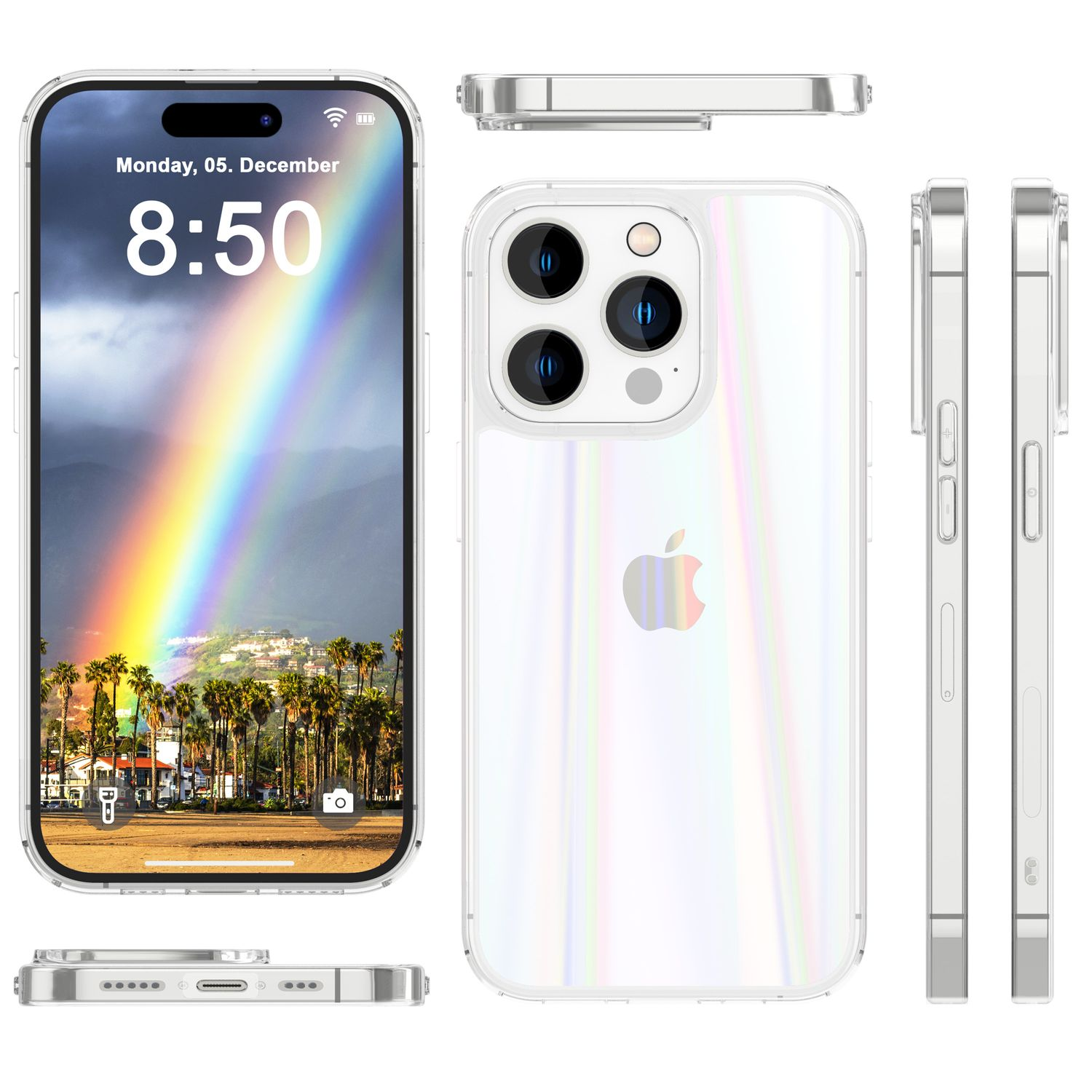 Handyhülle mit einem Telefon darin. Die Hülle ist durchsichtig. Der Telefonbildschirm zeigt einen Regenbogen und einen Strand.