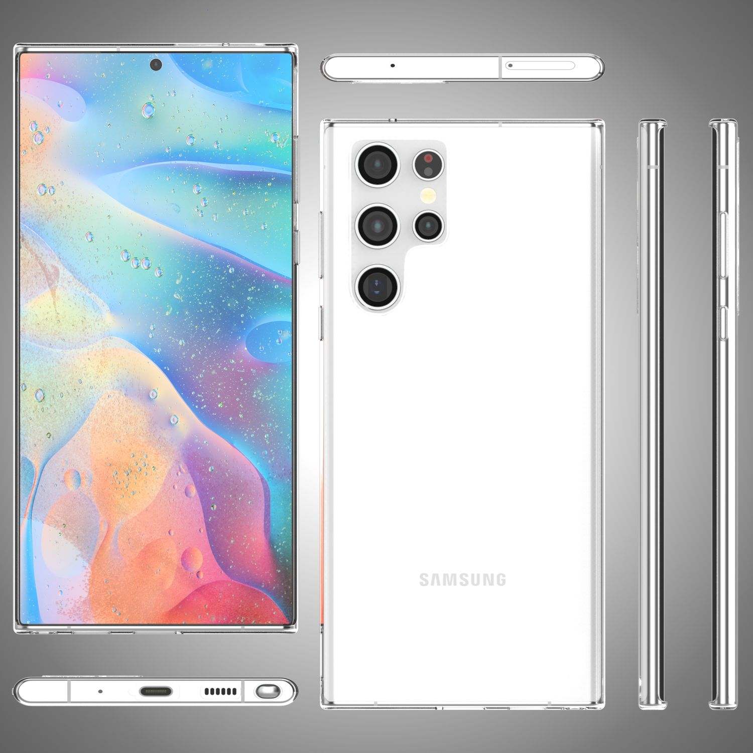 Weißes Telefon mit mehreren Kameralinsen. Verschiedene Winkel zeigen das Telefon und die Hülle.