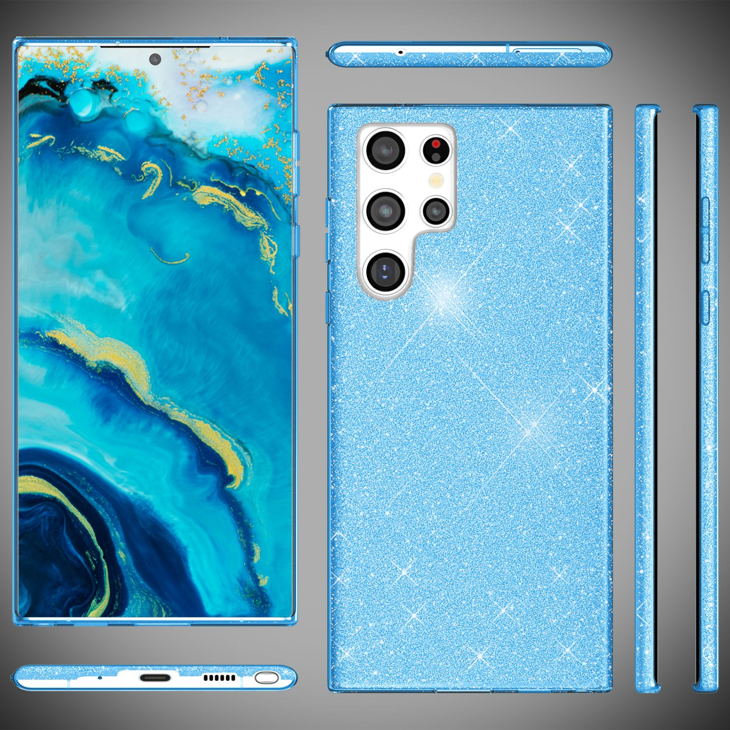Blaue, glitzernde Handyhülle mit Telefon im Inneren, mehrere Ansichten.