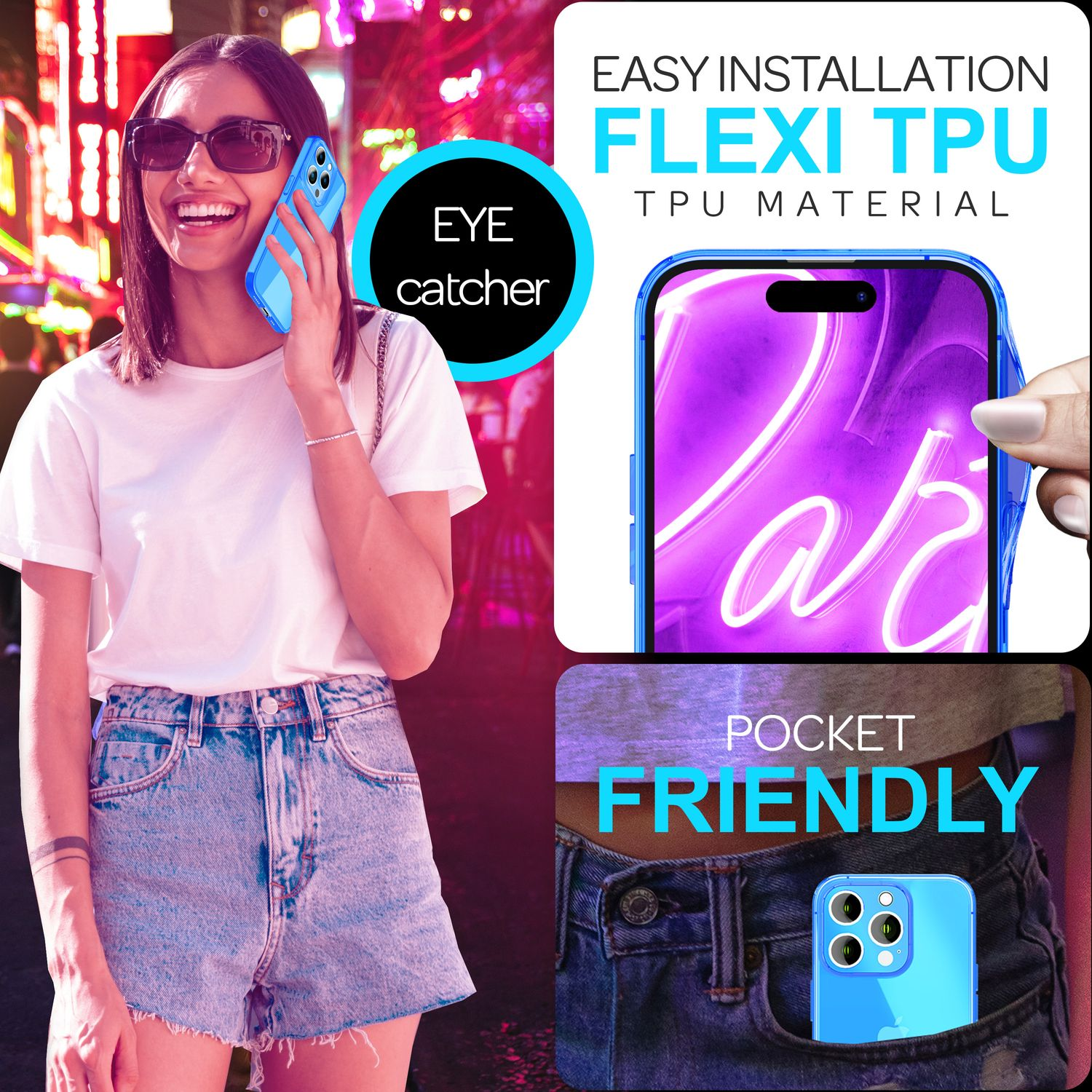 Frau mit Sonnenbrille hält blaue Handyhülle. Text besagt, dass es auffällig und taschenfreundlich ist.