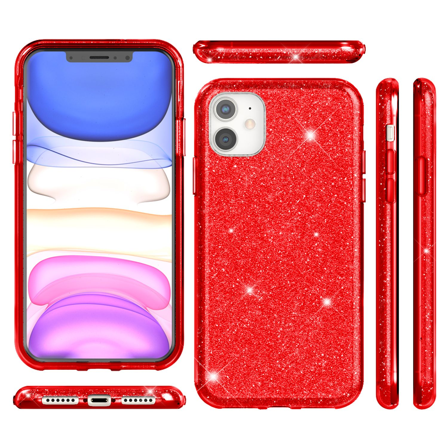 Funda de teléfono roja con purpurina. El teléfono se muestra en diferentes ángulos.