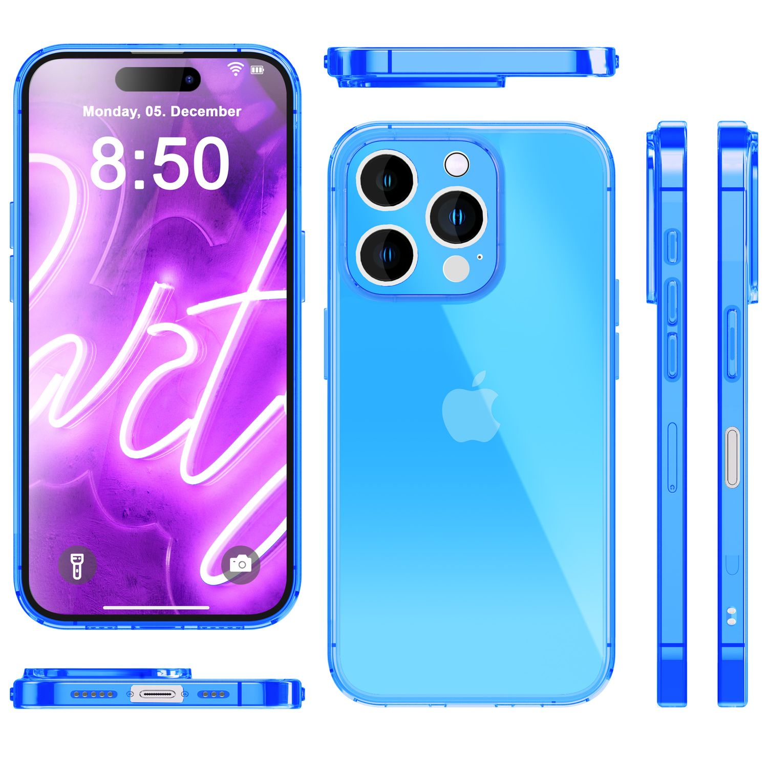 Blaue Handyhülle mit Telefon im Inneren. Telefon zeigt Datum und Uhrzeit an.