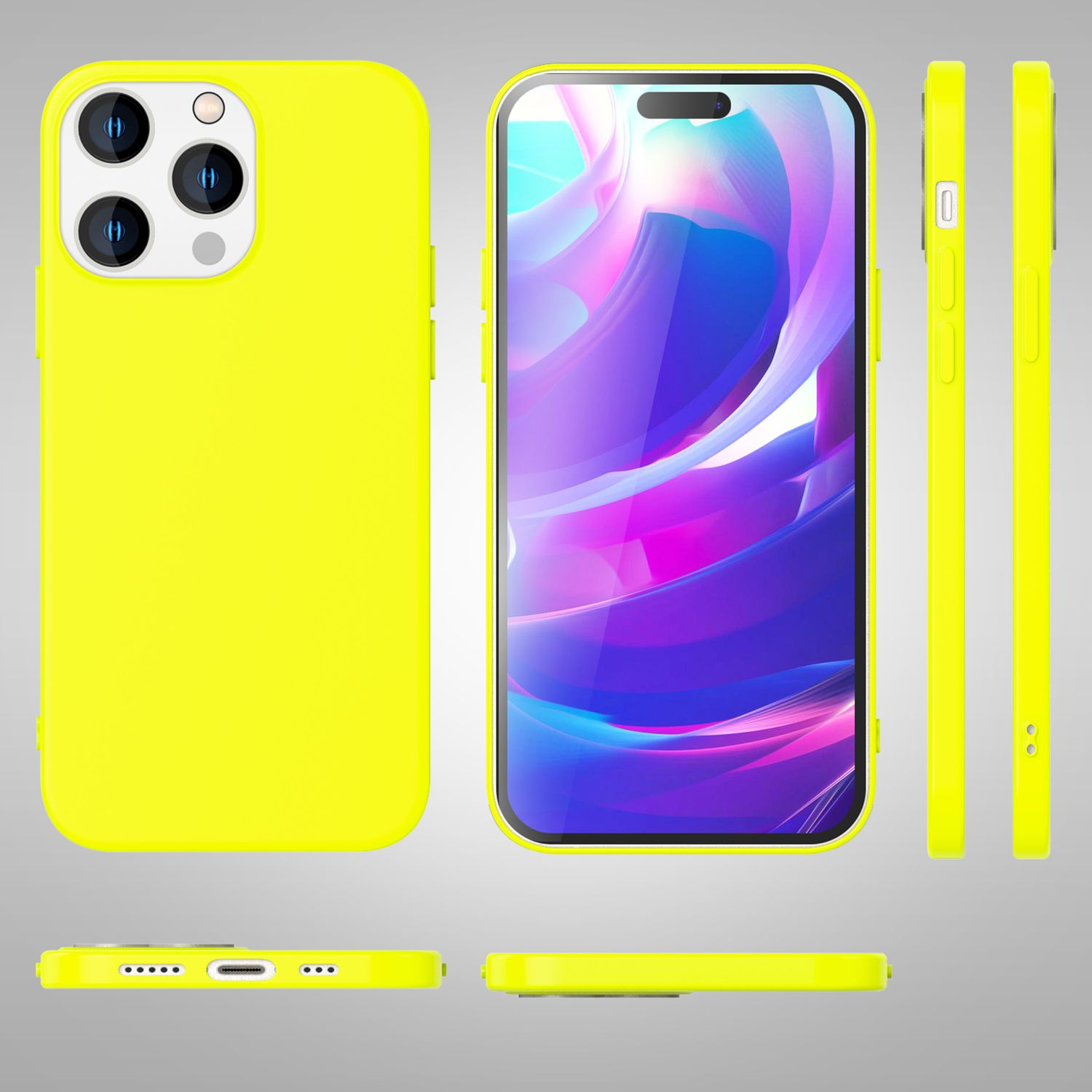 Gelbe Handyhülle mit Telefon im Inneren. Telefon hat farbenfrohes abstraktes Design.