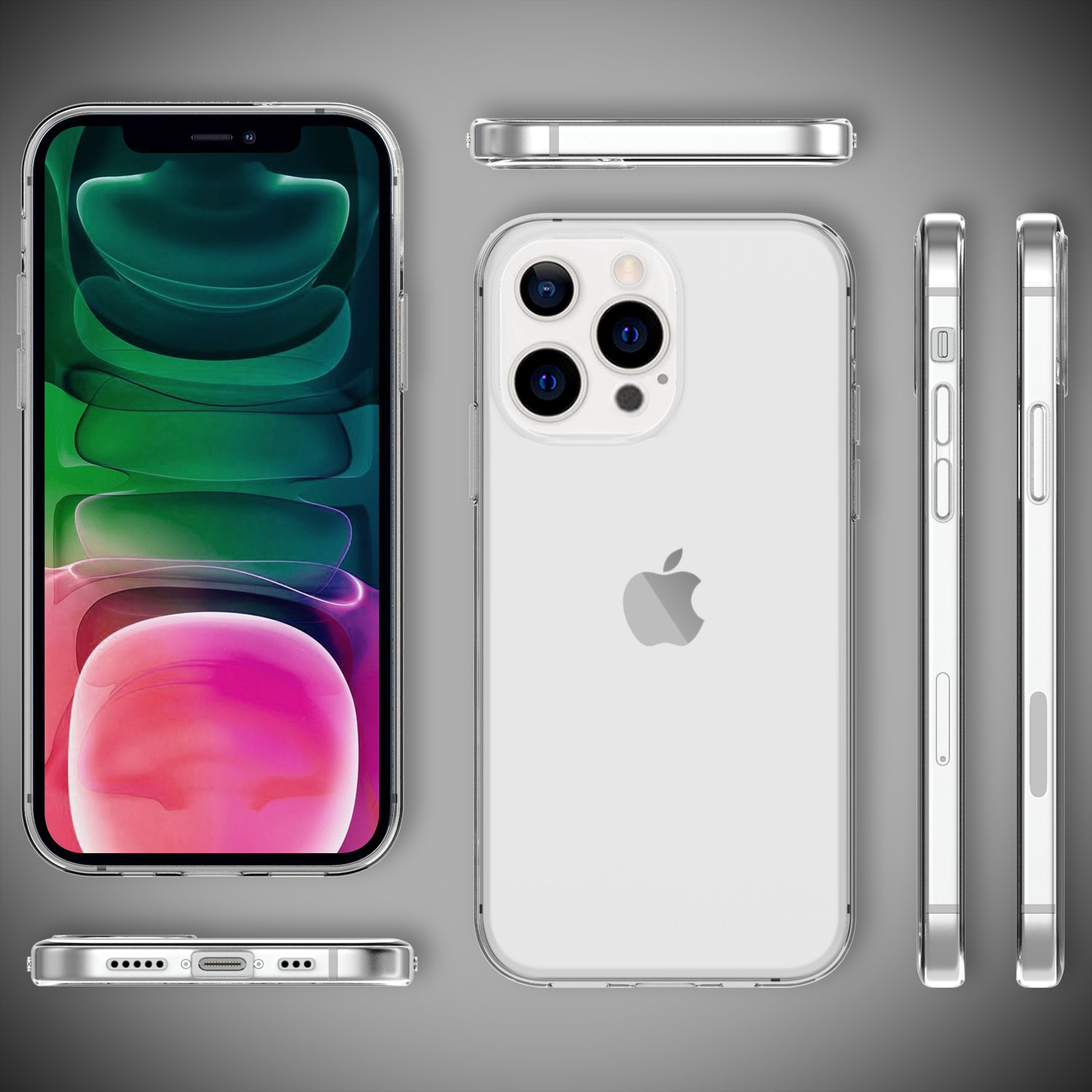 Custodia per telefono mostrata da più angolazioni. La custodia è trasparente con un telefono all'interno. Il telefono ha tre fotocamere.