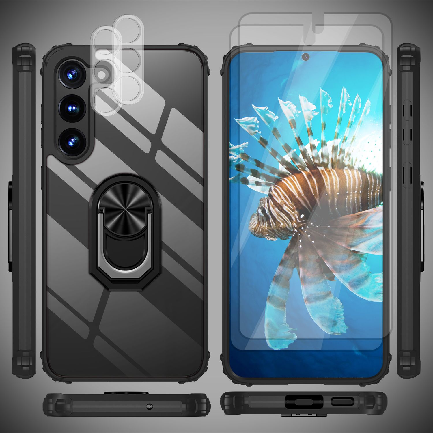 Schwarze Handyhülle mit Telefon, Ringhalter und Displayschutz. Telefon hat Fischbild.