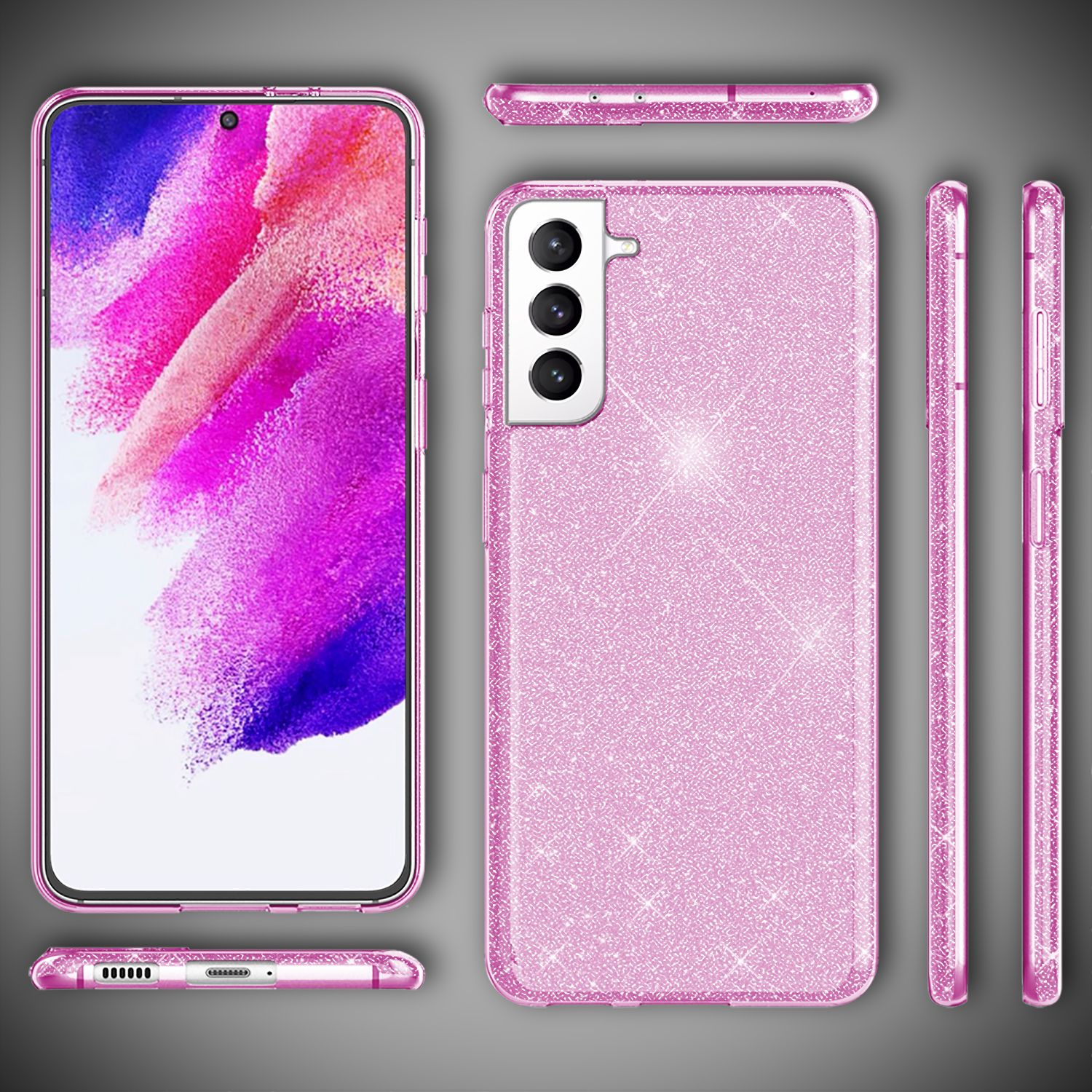 Rosa funkelnde Handyhülle mit einem Telefon darin. Der Bildschirm des Telefons zeigt ein farbenfrohes Bild. Mehrere Ansichten.