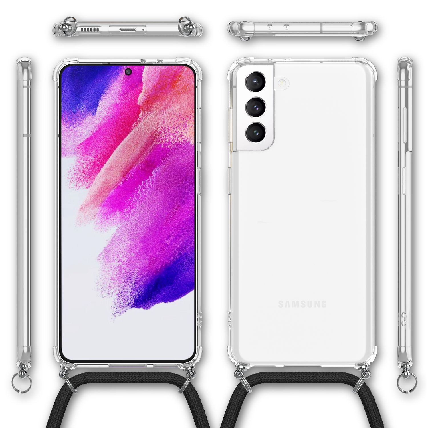 Klare Handyhülle mit schwarzem Kordel befestigt, aus verschiedenen Blickwinkeln gezeigt. Ein Telefon ist im Gehäuse.