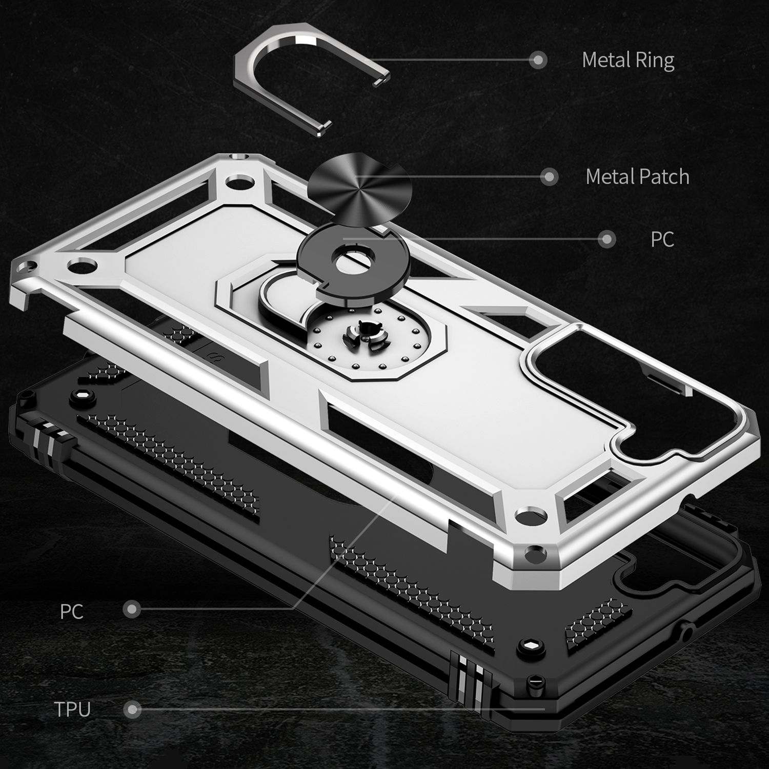 Handyhüllen-Komponenten: Metallring, Metall-Patch, PC- und TPU-Schichten. Das Bild ist eine Explosionsansicht.