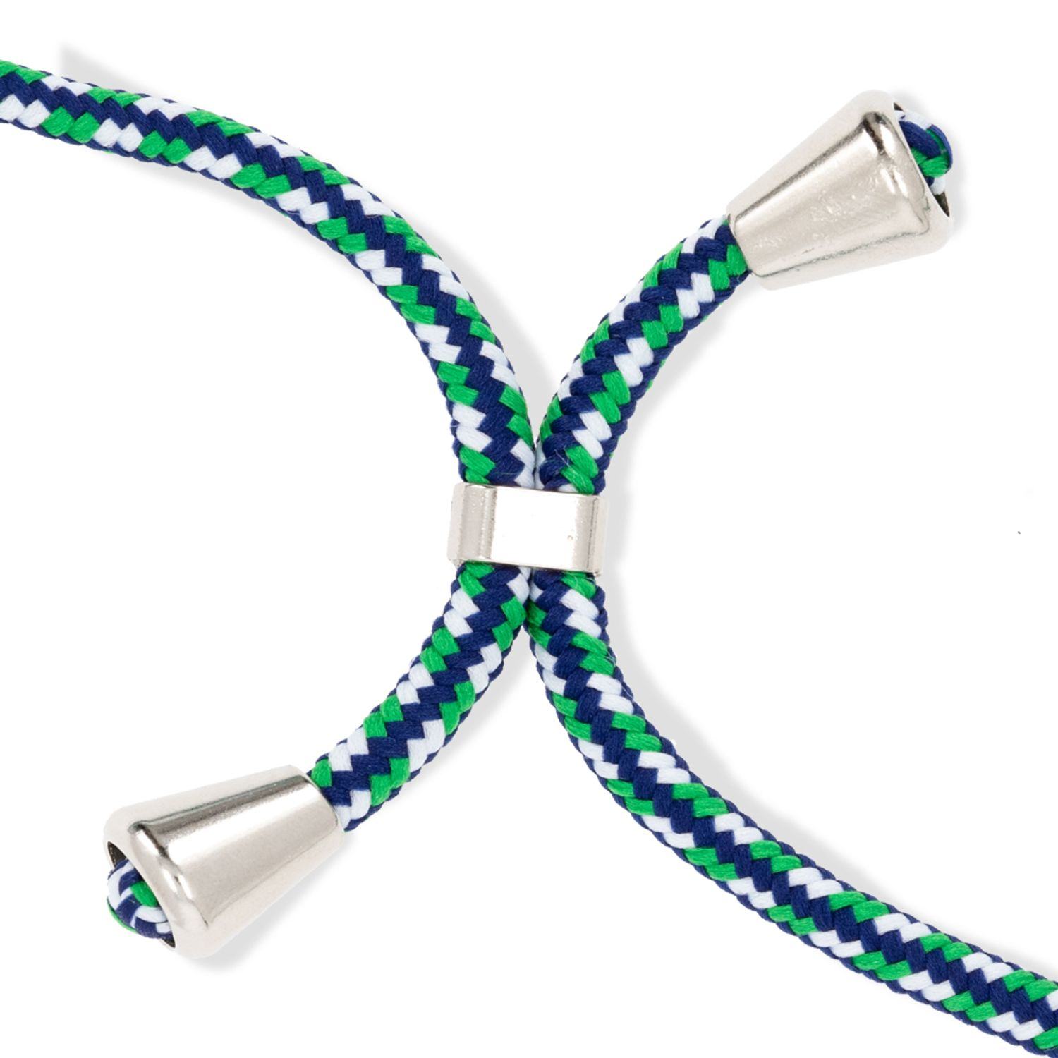 Nahaufnahme eines geflochtenen Kabels mit Silberanschluss. Das Kabel ist blau, grün und weiß.