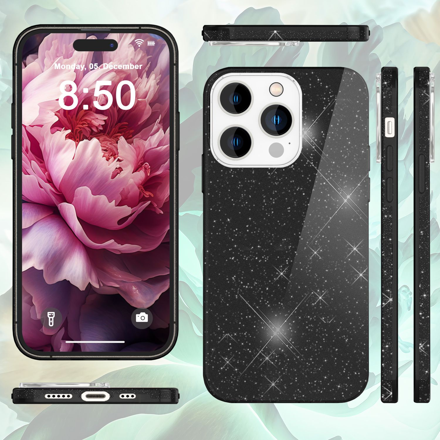 Schwarze Handyhülle mit funkelndem Design und einem Telefonbildschirm mit floralem Hintergrundbild. Mehrere Ansichten.