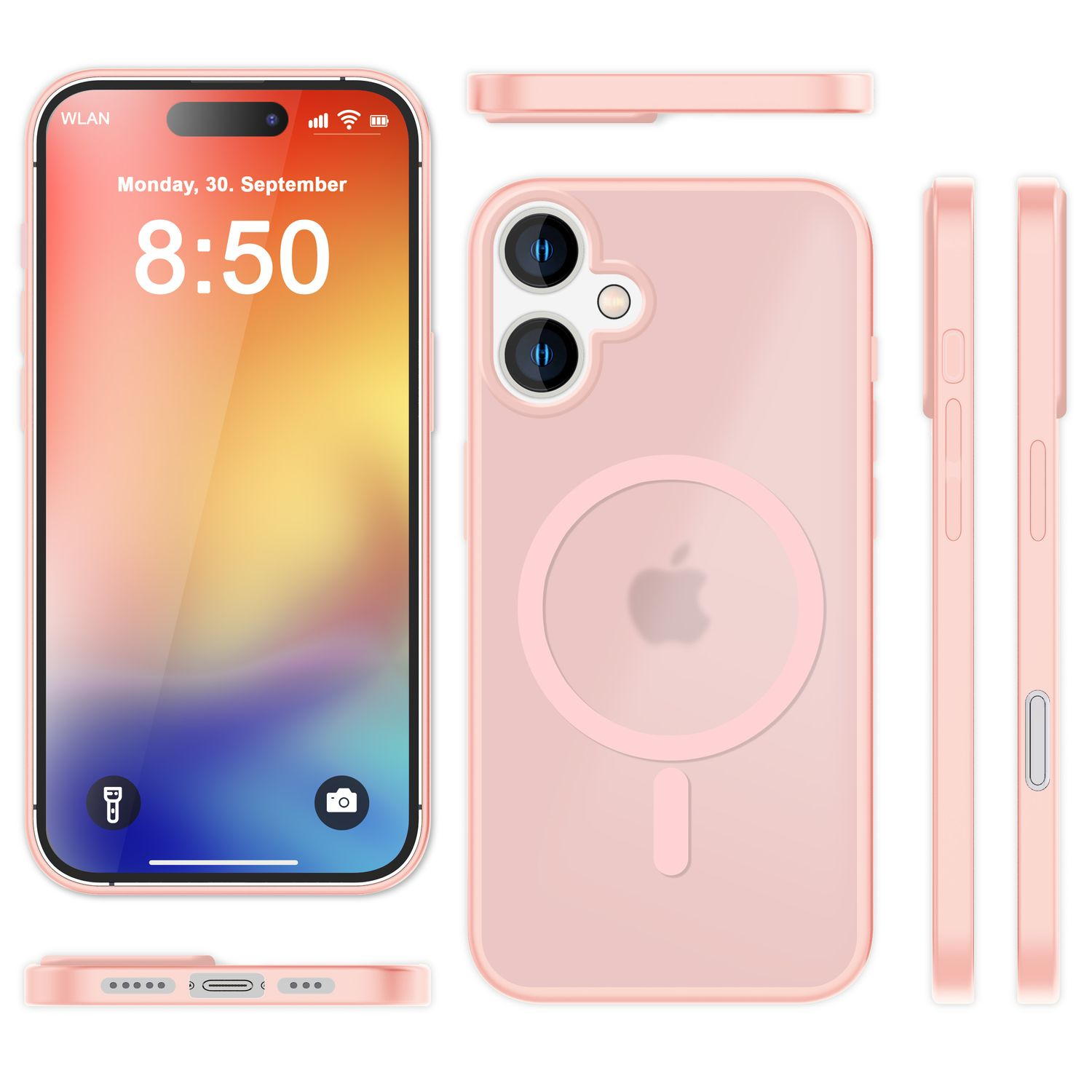 Rosa Handyhülle mit Apple-Logo und Bildschirm mit Uhrzeit und Datum. Mehrere Ansichten werden gezeigt.