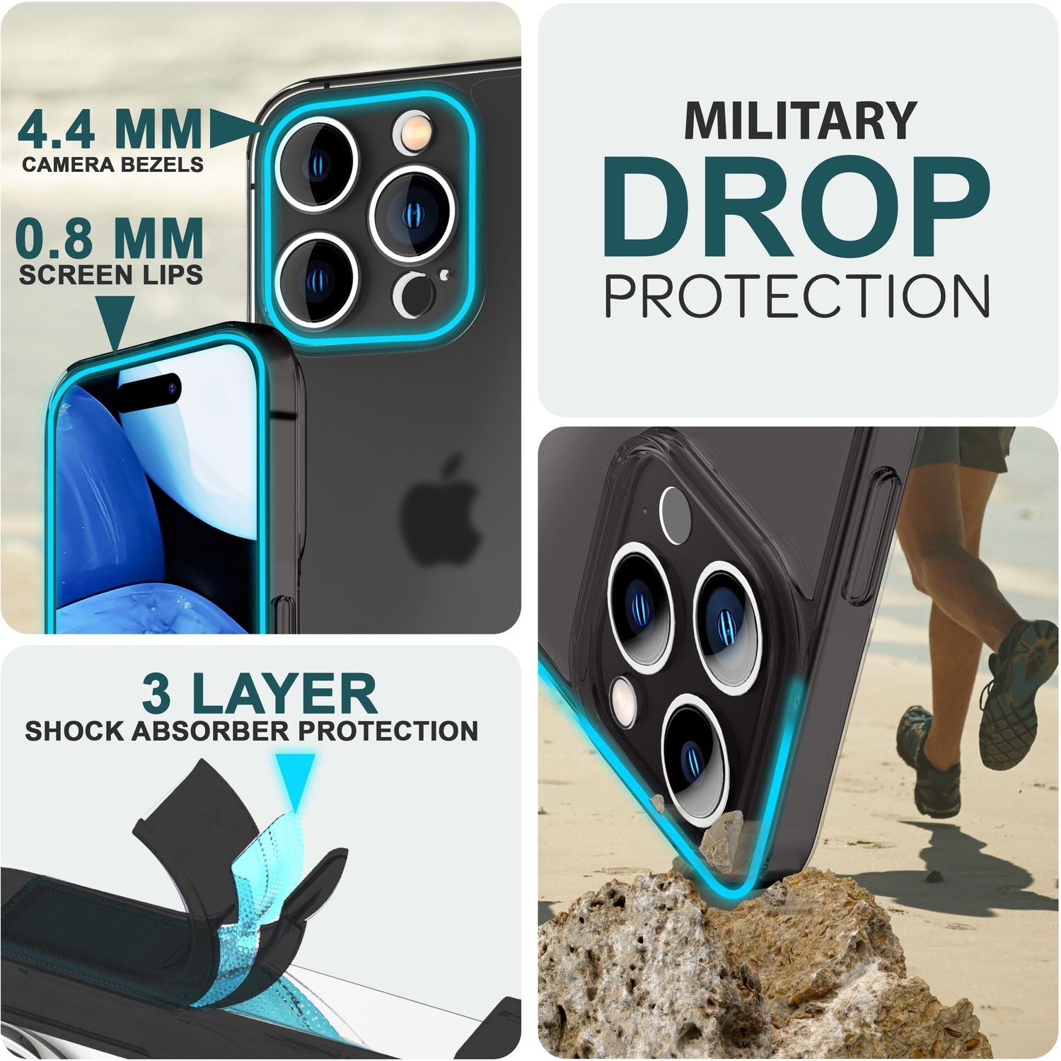 Coque de téléphone montrant des bords de caméra de 4,4 mm, des bords d'écran de 0,8 mm et une protection à 3 couches.
