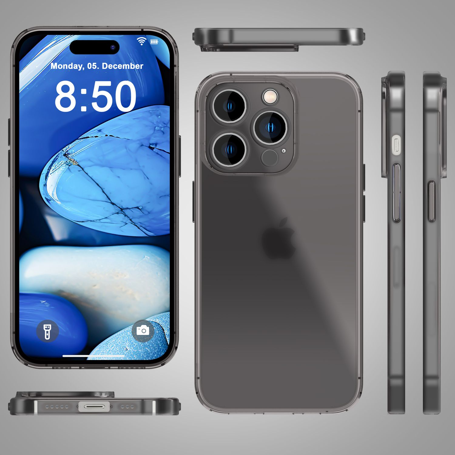 Téléphone sous plusieurs angles. Coque noire et grise. L'écran affiche un fond bleu avec des icônes.